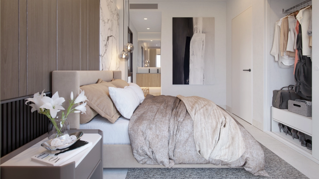 Eleganta designdetaljer i sovrummen skapar en lugn och sofistikerad atmosfär.