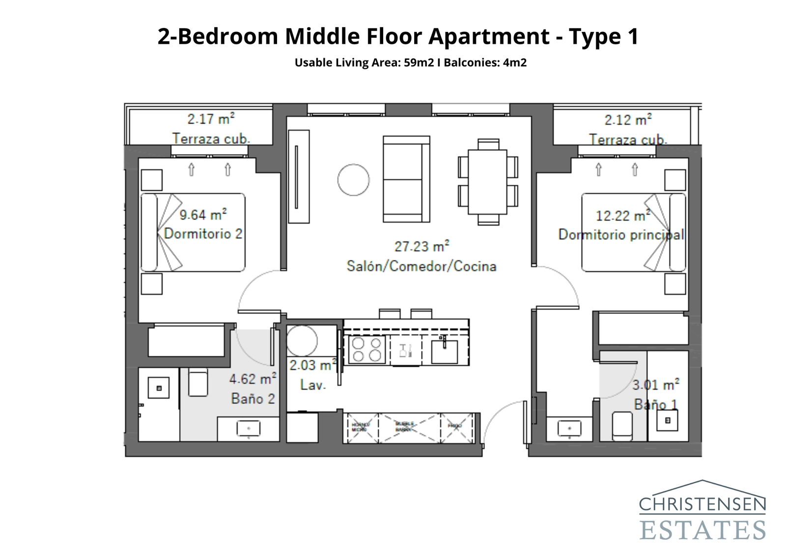 Denna planlösning med två sovrum har balkonger från varje sovrum, vilket skapar privata utomhusutrymmen för avkoppling.