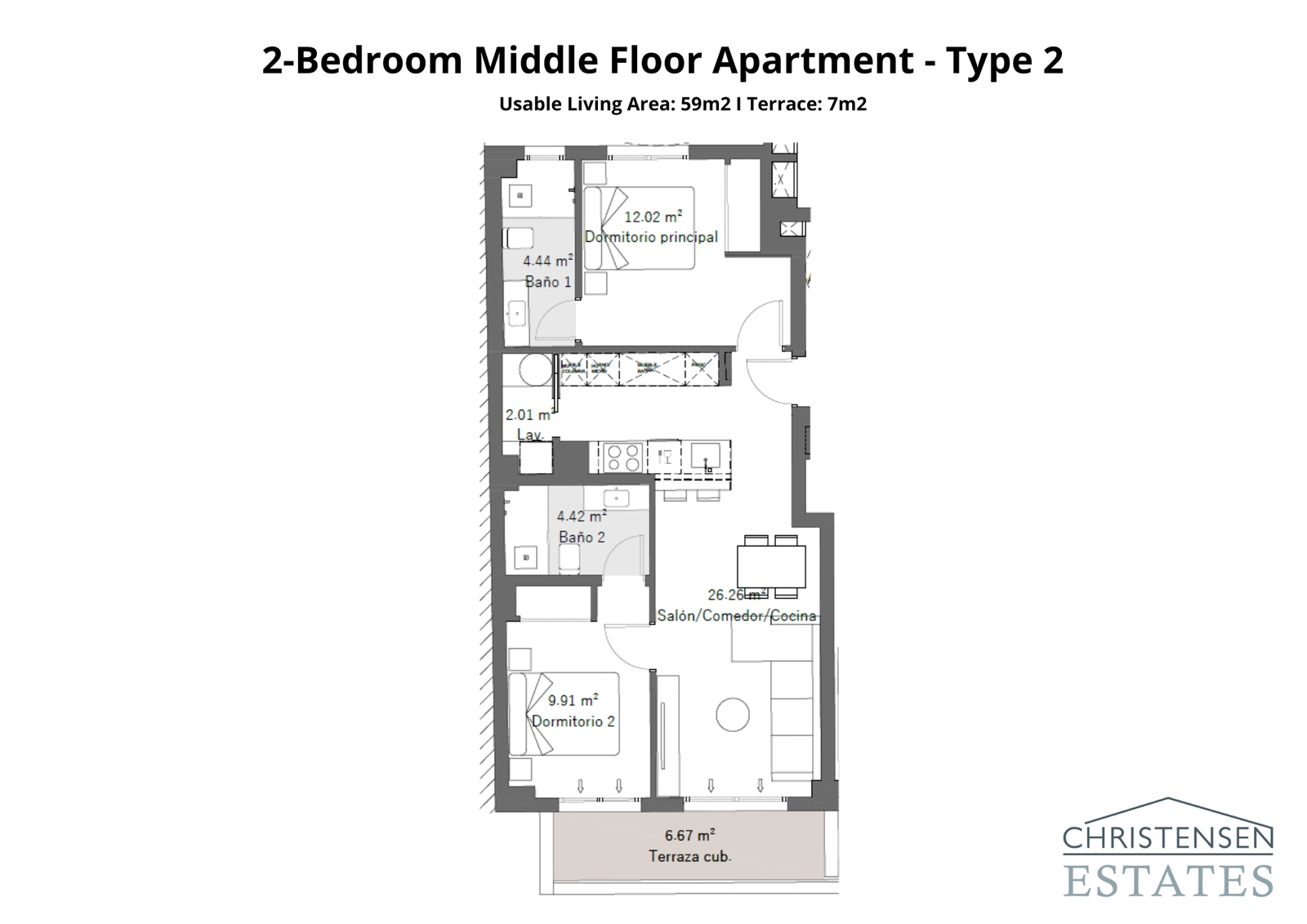 En väldesignad lägenhet med två sovrum och ett rymligt vardagsrum som vetter mot en generös, täckt terrass.