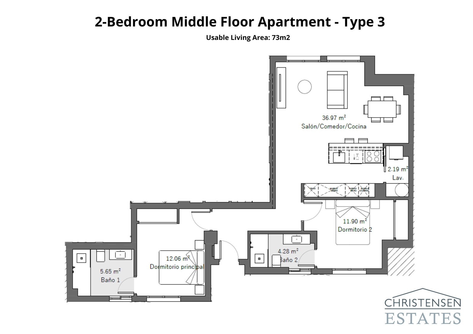 Ett rymligt hem med två sovrum och ett generöst öppet vardagsrums- och matplatsområde designat för modernt boende.