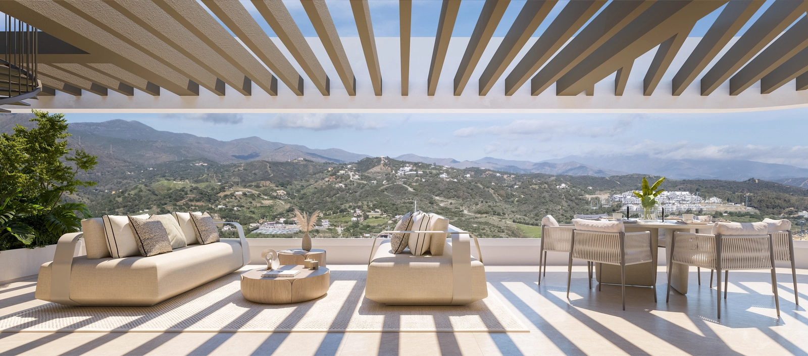 Koppla av på din privata terrass och njut av den fantastiska utsikten över Sierra Bermeja-bergen, en perfekt bakgrund för lugna stunder.