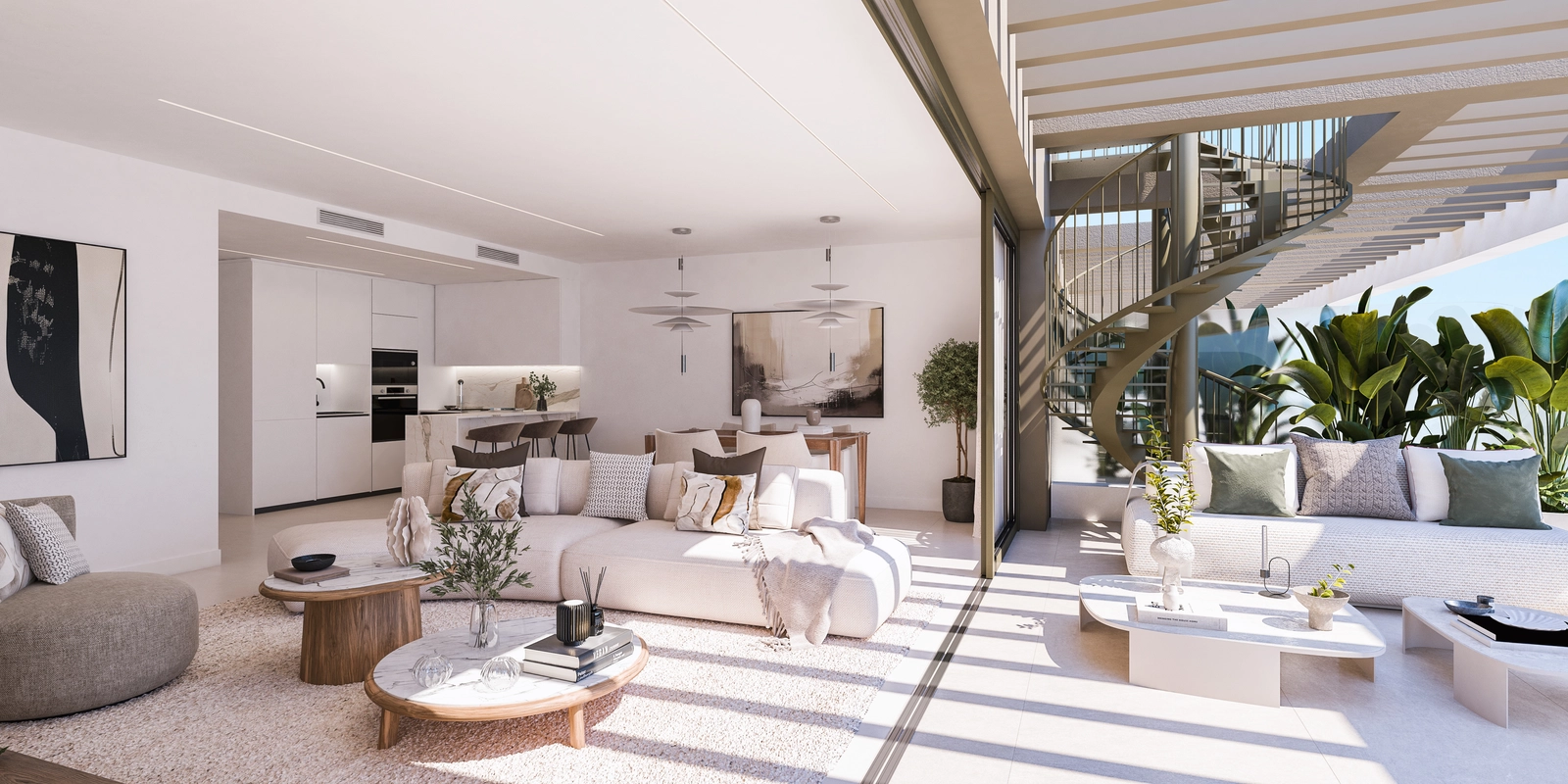 Solljus fyller det eleganta vardagsrummet, som sömlöst ansluter till utomhusterrassen och skapar en perfekt livsstil med både inomhus- och utomhusutrymmen.