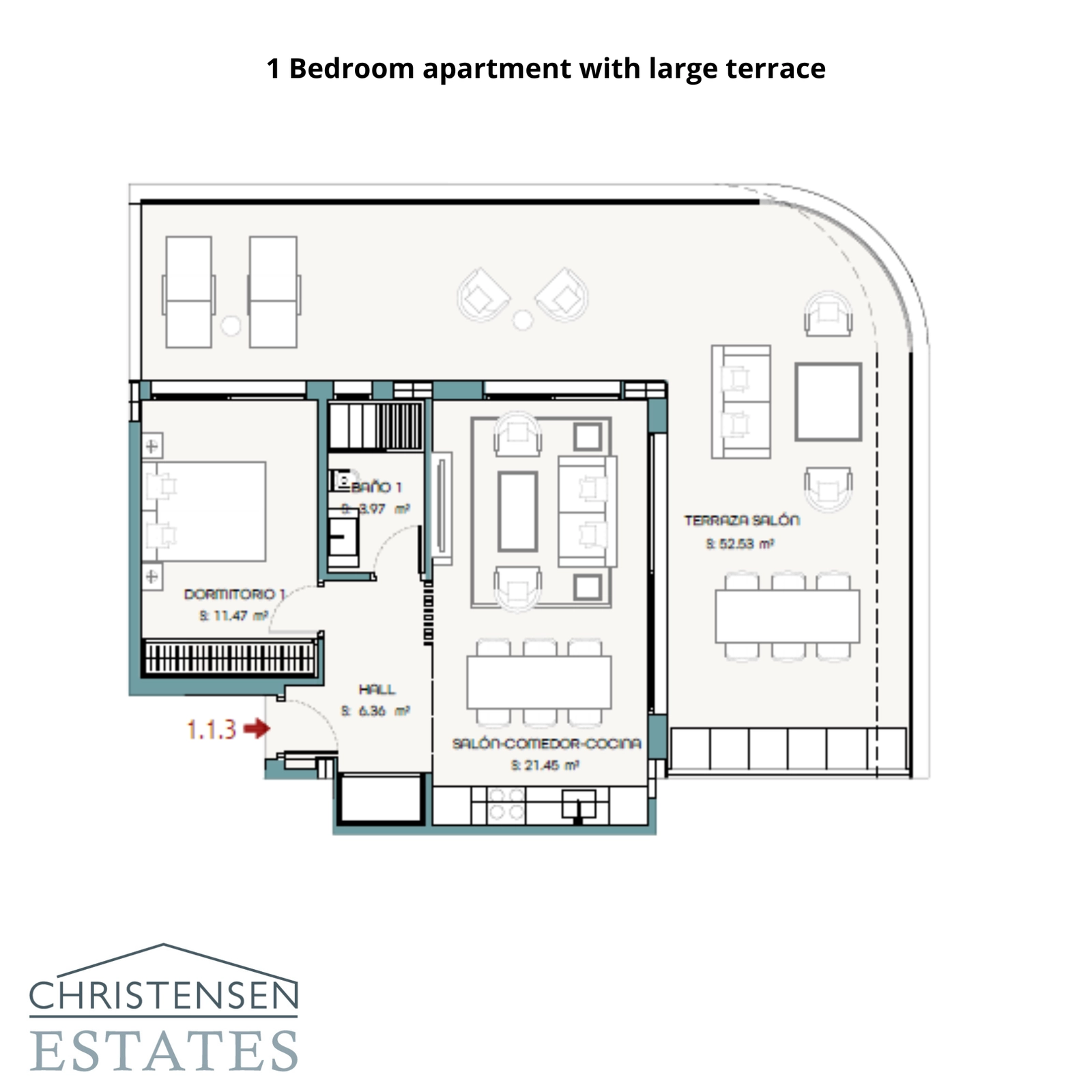 Planlösning för en enrumslägenhet, med ett generöst öppet vardagsrum som sträcker sig ut till en mycket stor terrass, perfekt för att njuta av utsikten.