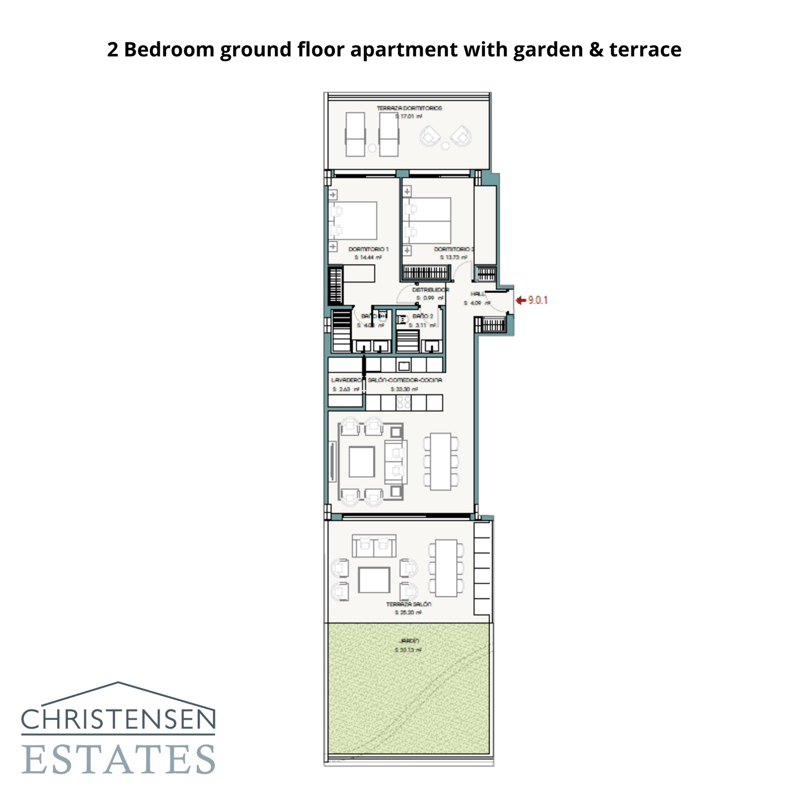 Denna tvårumslägenhet på bottenvåningen visar en rymlig planlösning med direkt tillgång till en privat trädgård och terrass, vilket erbjuder en sömlös inomhus- och utomhuslivsupplevelse.