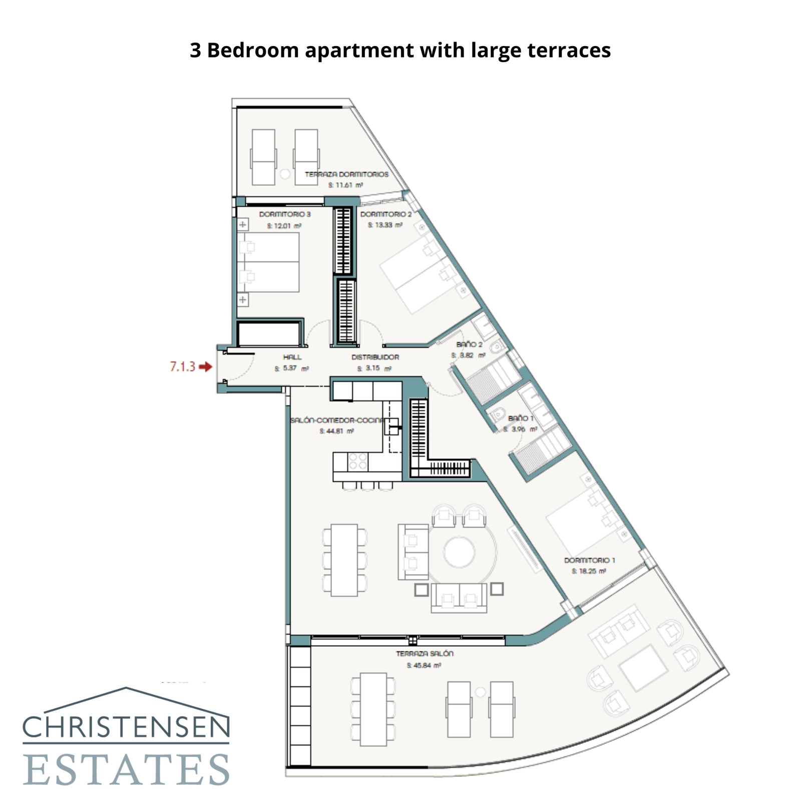 En välutformad trea-lägenhetsplanlösning, med två stora terrasser för att maximera ljus, utrymme och tillgång till den vackra havs- och bergsutsikten.