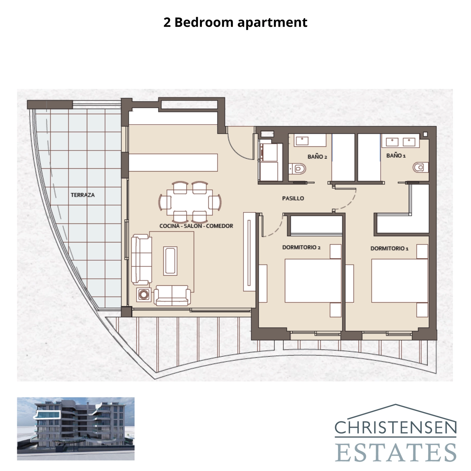 Planlösning för en rymlig tvårumslägenhet, med ett öppet vardagsrum och en stor terrass för att maximera utsikt och ljusinsläpp.