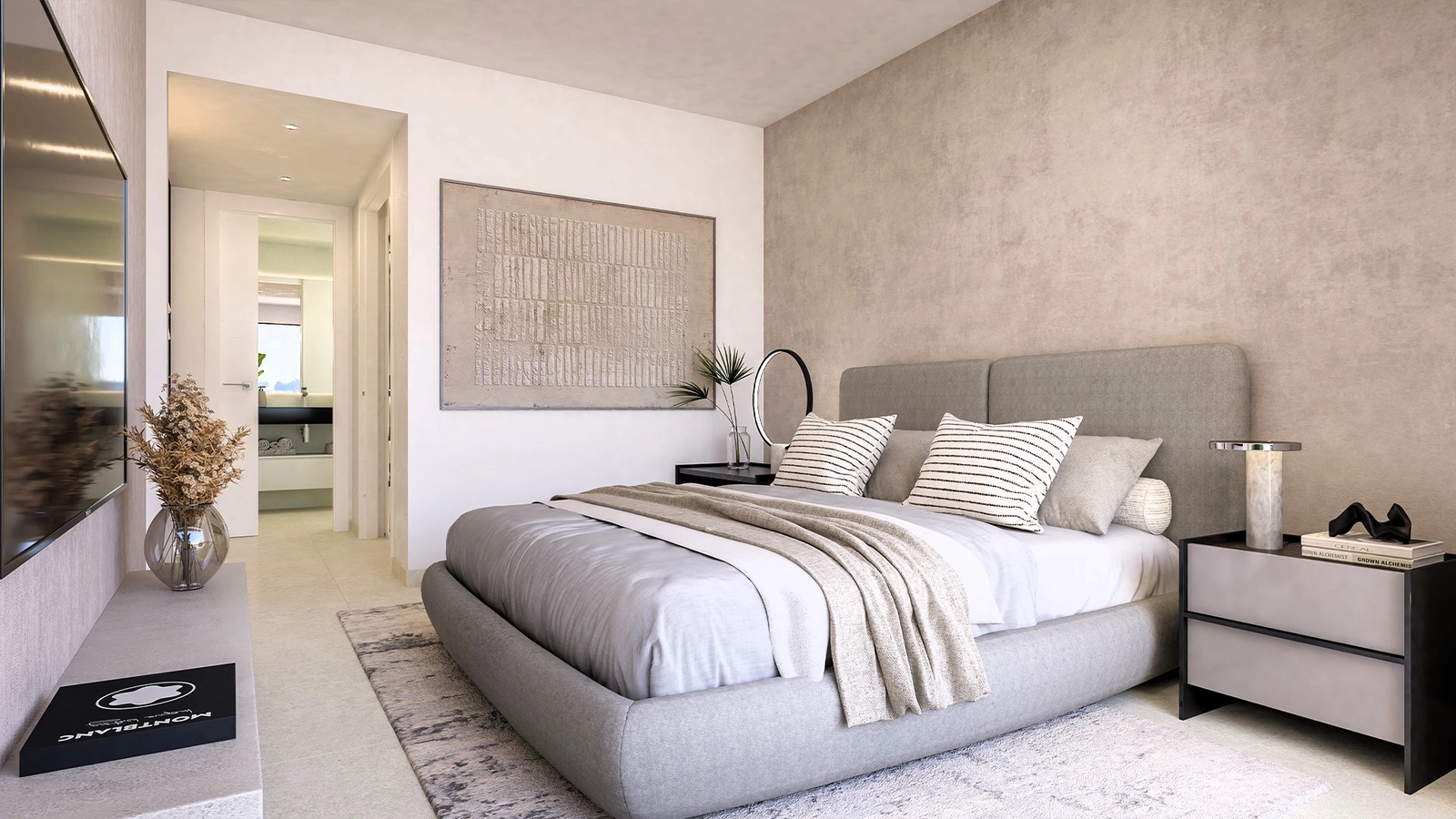 Ett stilfullt och lugnt sovrum i en av villorna, som erbjuder en fridfull tillflyktsort efter en dag i solen.