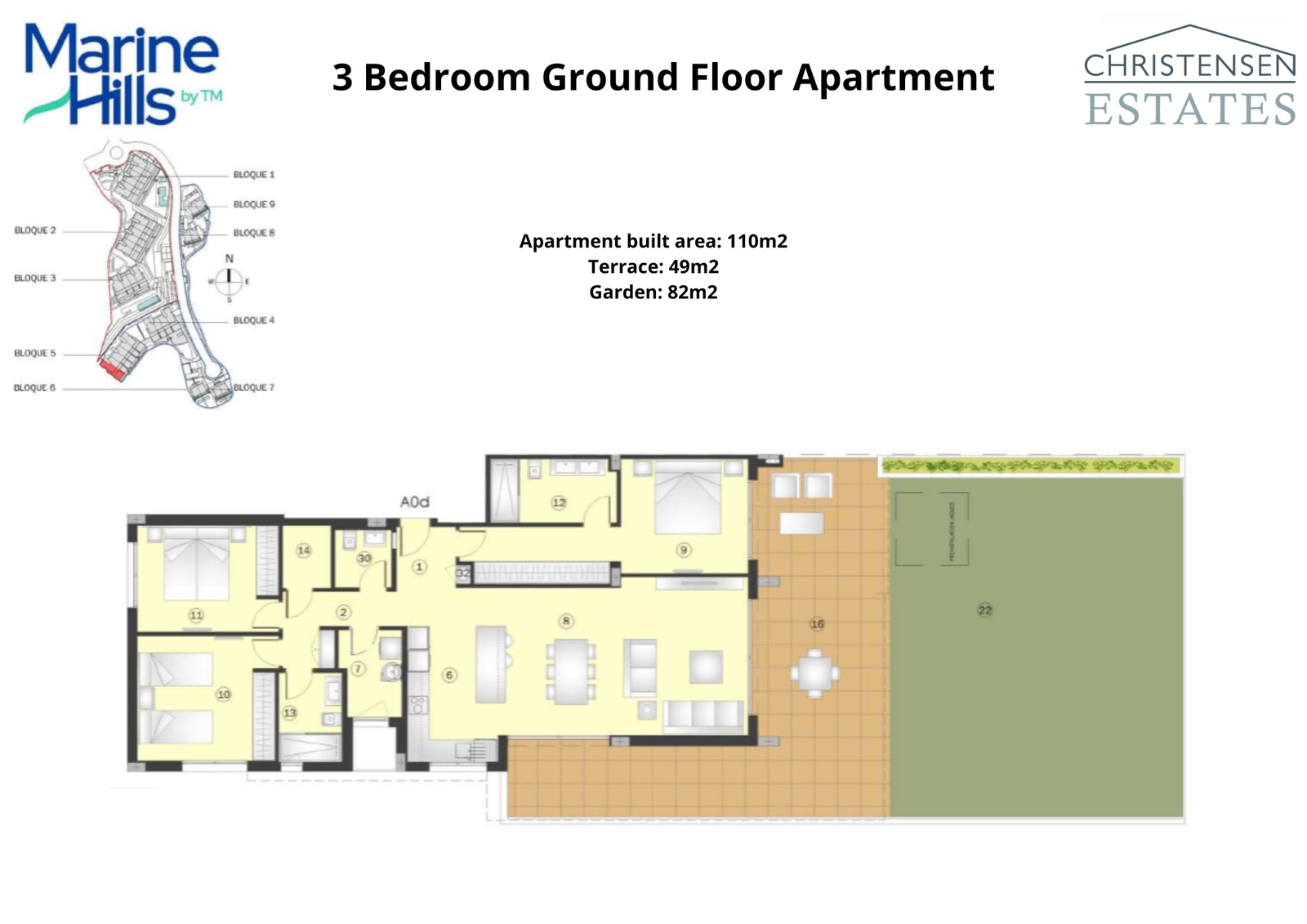 Denna planlösning för en trerumslägenhet på bottenvåningen framhäver den rymliga terrassen och den privata trädgården, som utökar boytan utomhus.