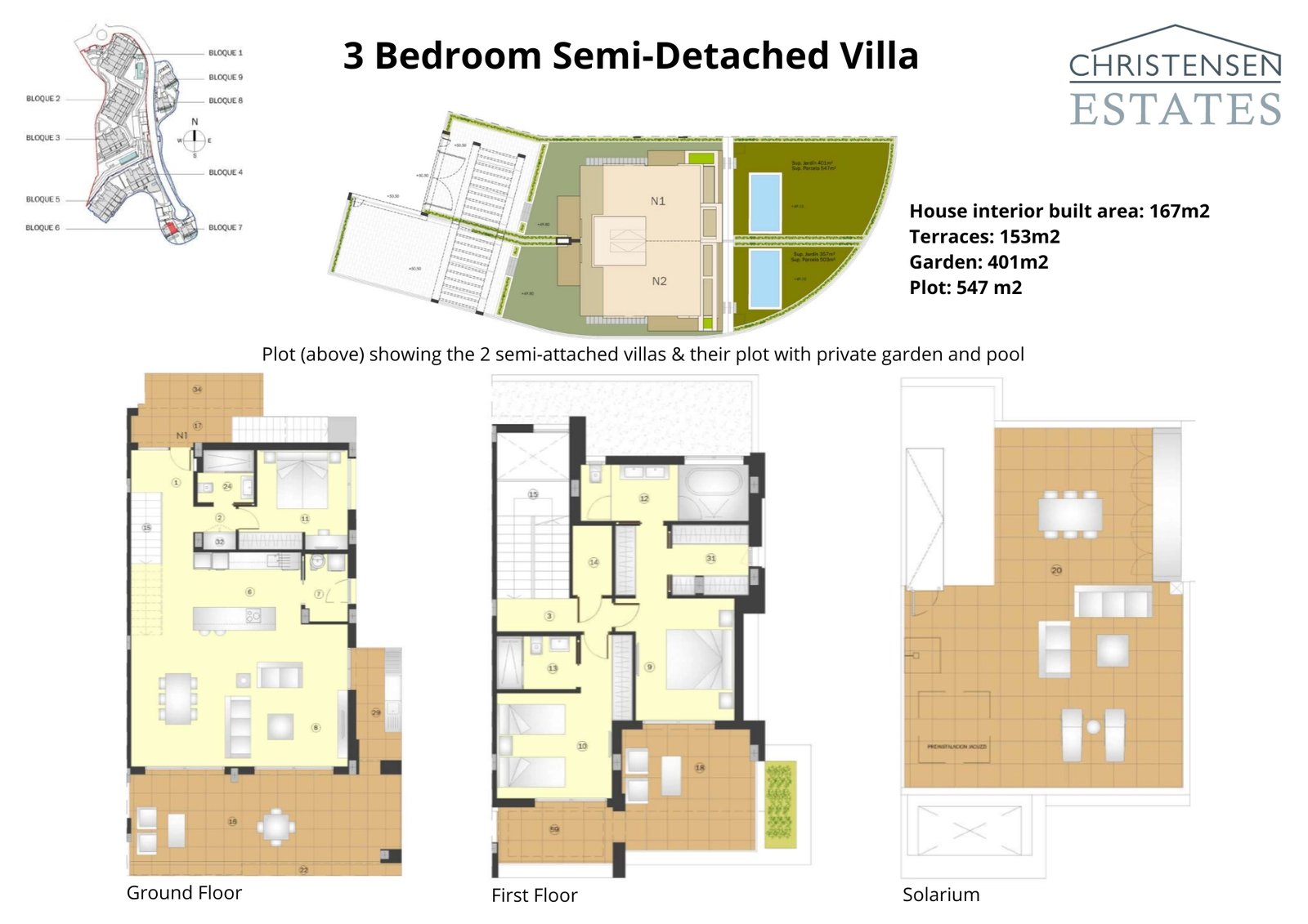 Denna plan beskriver de två våningarna och solariumet i ett parhus med tre sovrum, och visar dess generösa tomt med privat trädgård och pool.
