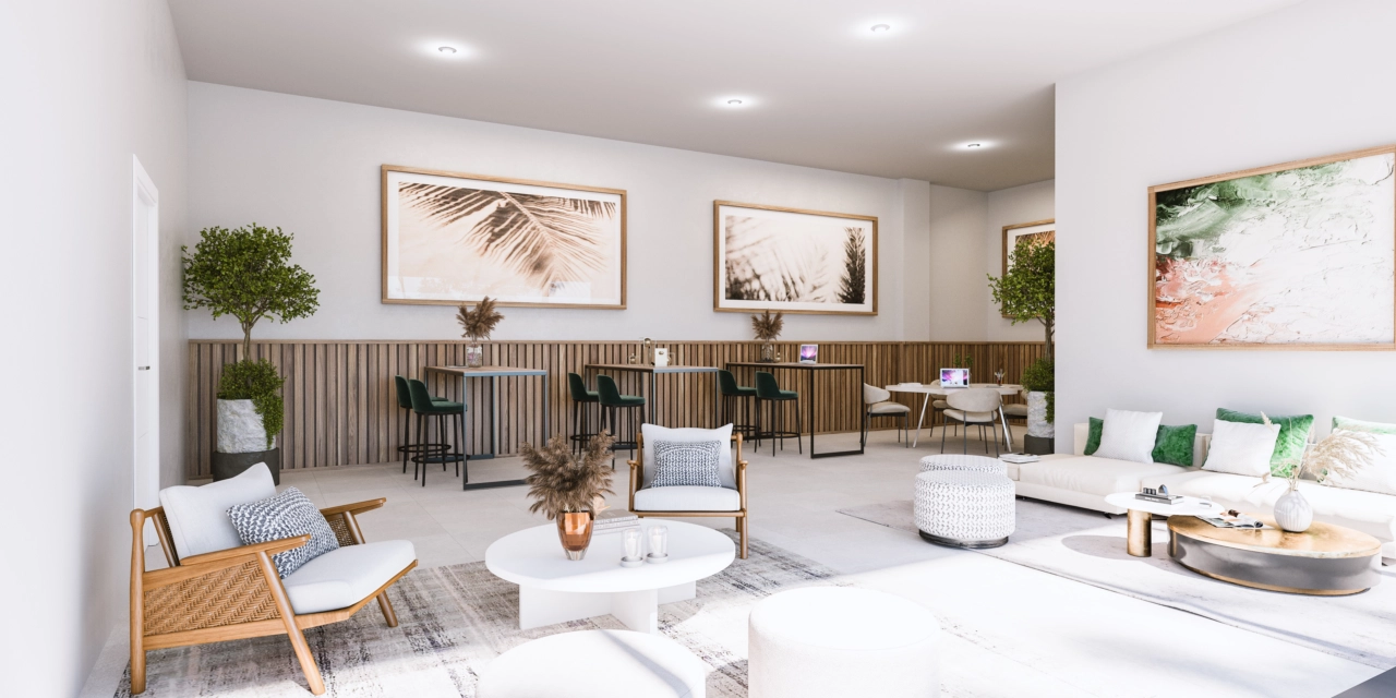 En bekväm och stilfull coworking-yta gör att boende kan arbeta eller mötas utan att lämna hemmet.