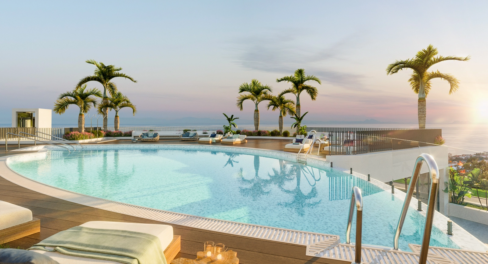 Njut av hisnande solnedgångar från det vackra gemensamma poolområdet.