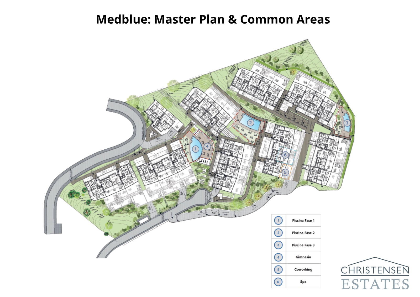 Översiktsplanen illustrerar den genomtänkta utformningen av gemenskapen, inklusive pooler, gym, spa och coworking-områden, belägna i anlagda trädgårdar.