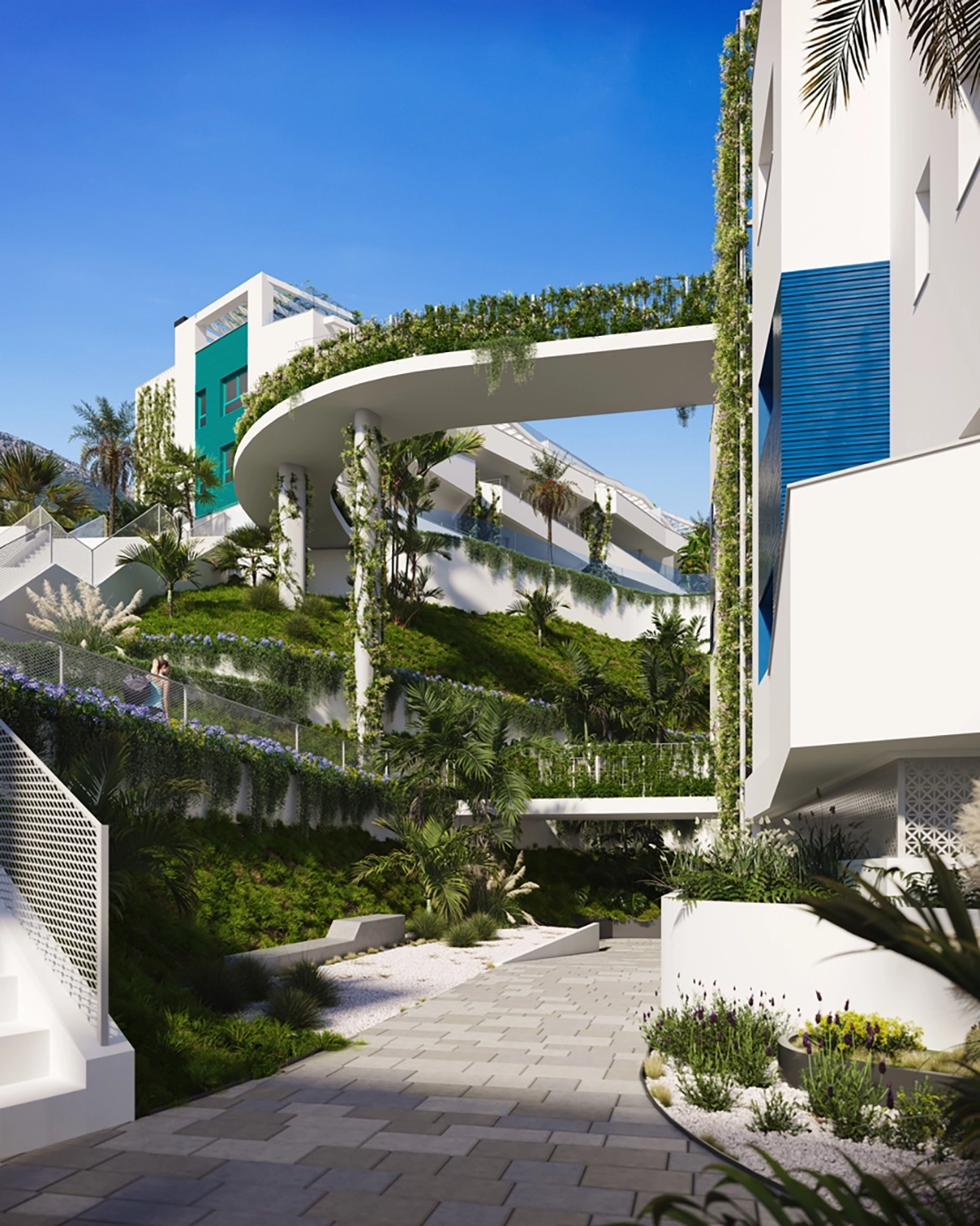 Vackert anlagda trädgårdar och gångvägar förstärker lugnet i gemenskapen.