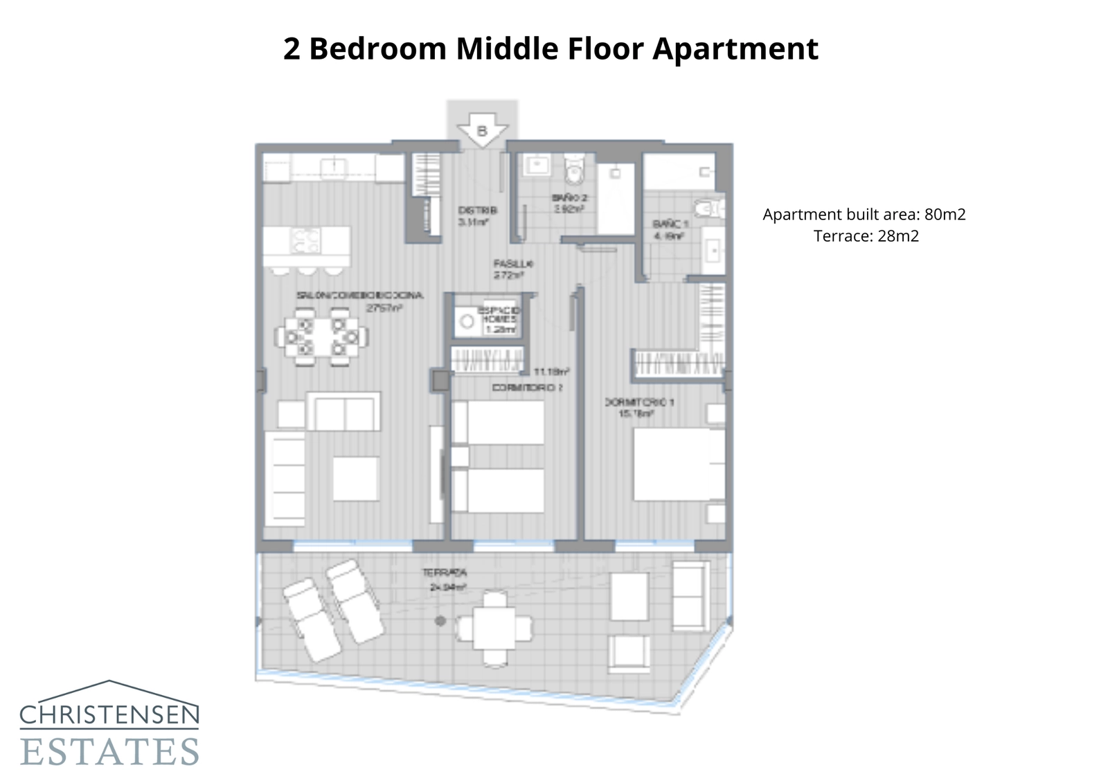 En välutformad planlösning med två sovrum, som erbjuder en bekväm layout med ett öppet vardagsrum och en rymlig terrass.