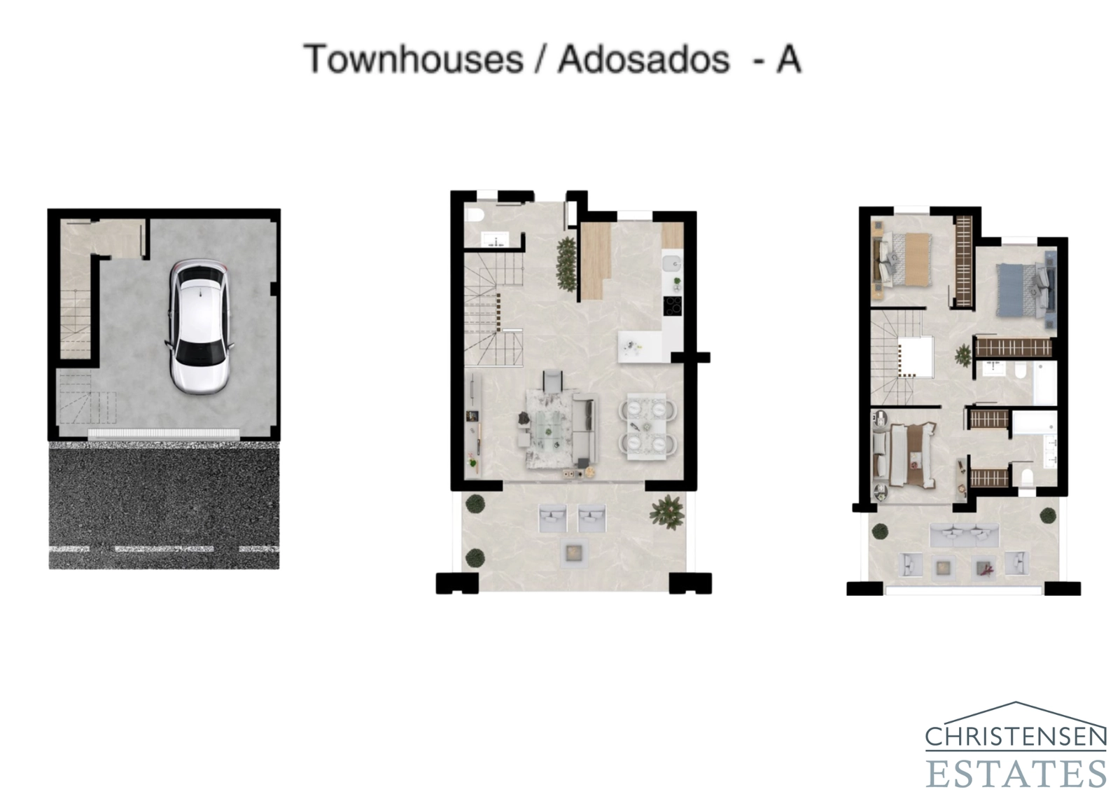 Planlösning för parhus typ A, visar tre våningar inklusive privat garage, öppen planlösning i vardagsrum och sovrum.