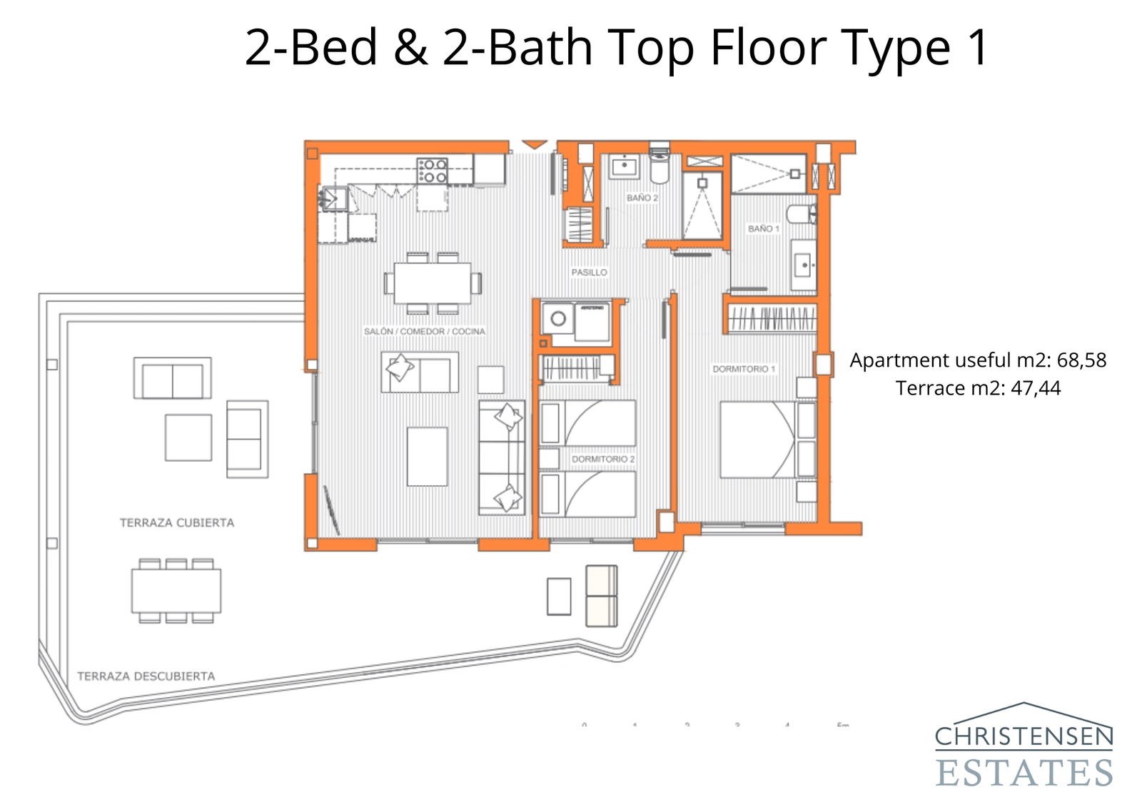 En utmärkt planlösning på översta våningen med två sovrum och en exceptionellt stor terrass, perfekt för middagar utomhus och för att njuta av det spanska klimatet.