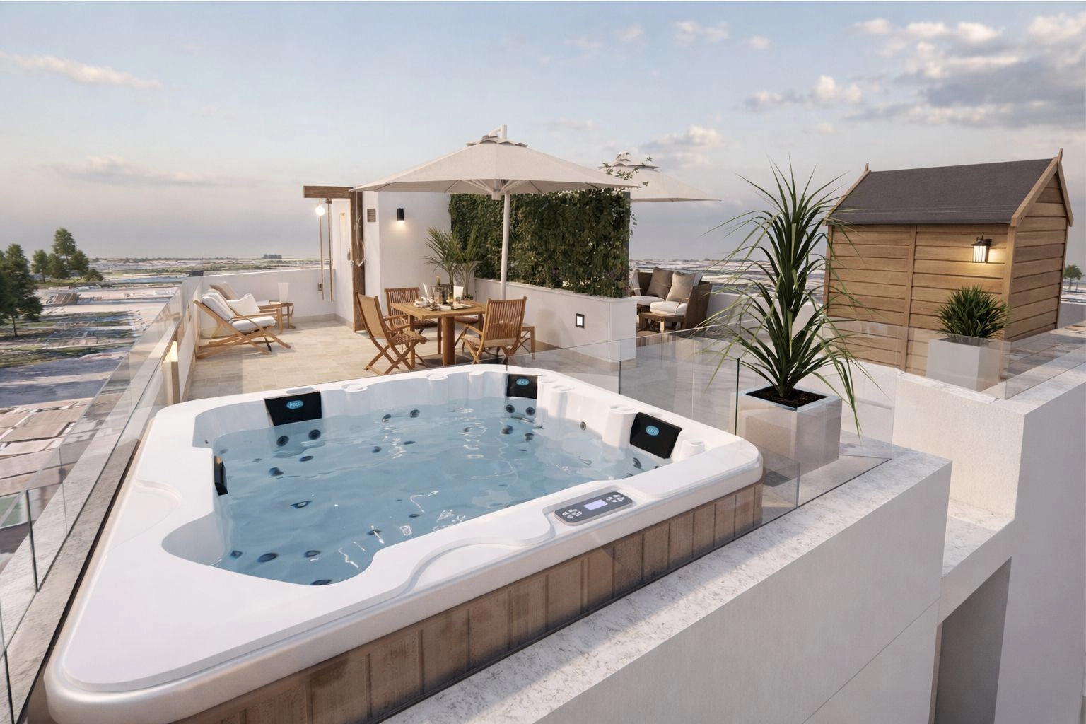 Föreställ dig att koppla av i din privata jacuzzi med utsikt över taken.