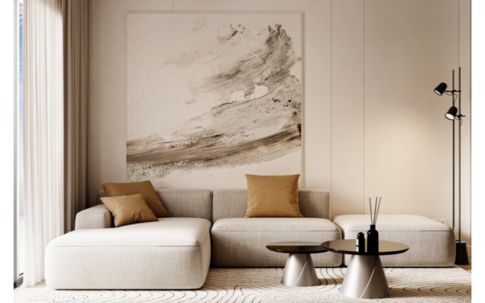 Ljusa och rymliga vardagsrum designade för komfort och avkoppling, med en neutral, modern estetik.