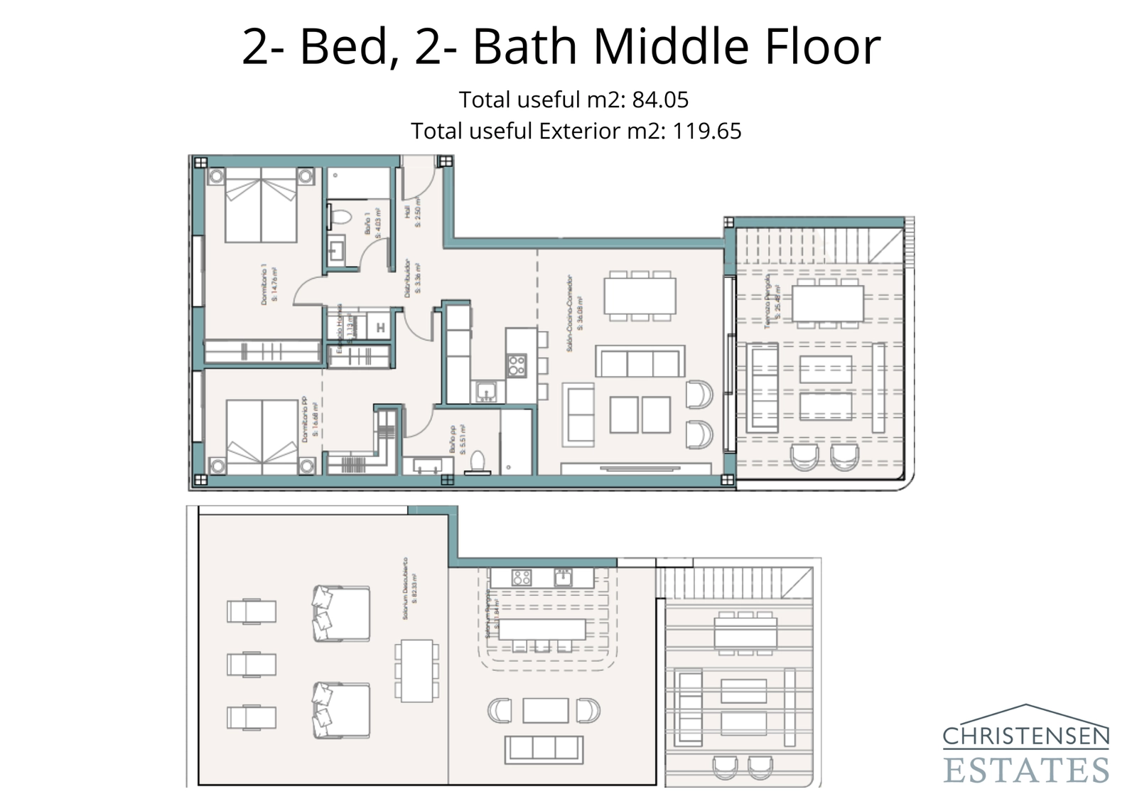 En väldesignad lägenhetsplan med två sovrum som erbjuder omfattande utomhusutrymme över flera terrasser.