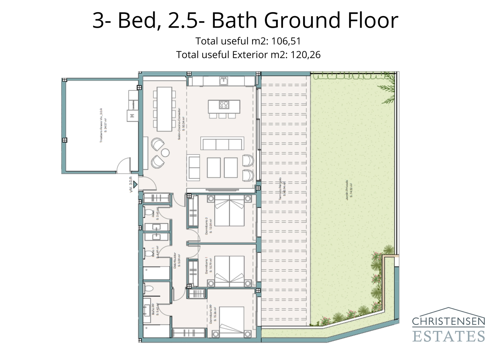 Rymlig bottenvåningsplanlösning med tre sovrum med en stor privat trädgård perfekt för familjelivet.