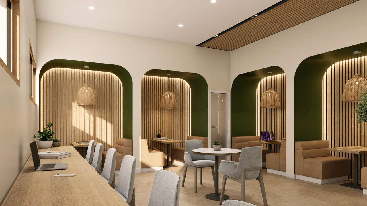 En stilren och funktionell co-working yta, som erbjuder en bekväm miljö för arbete eller möten.