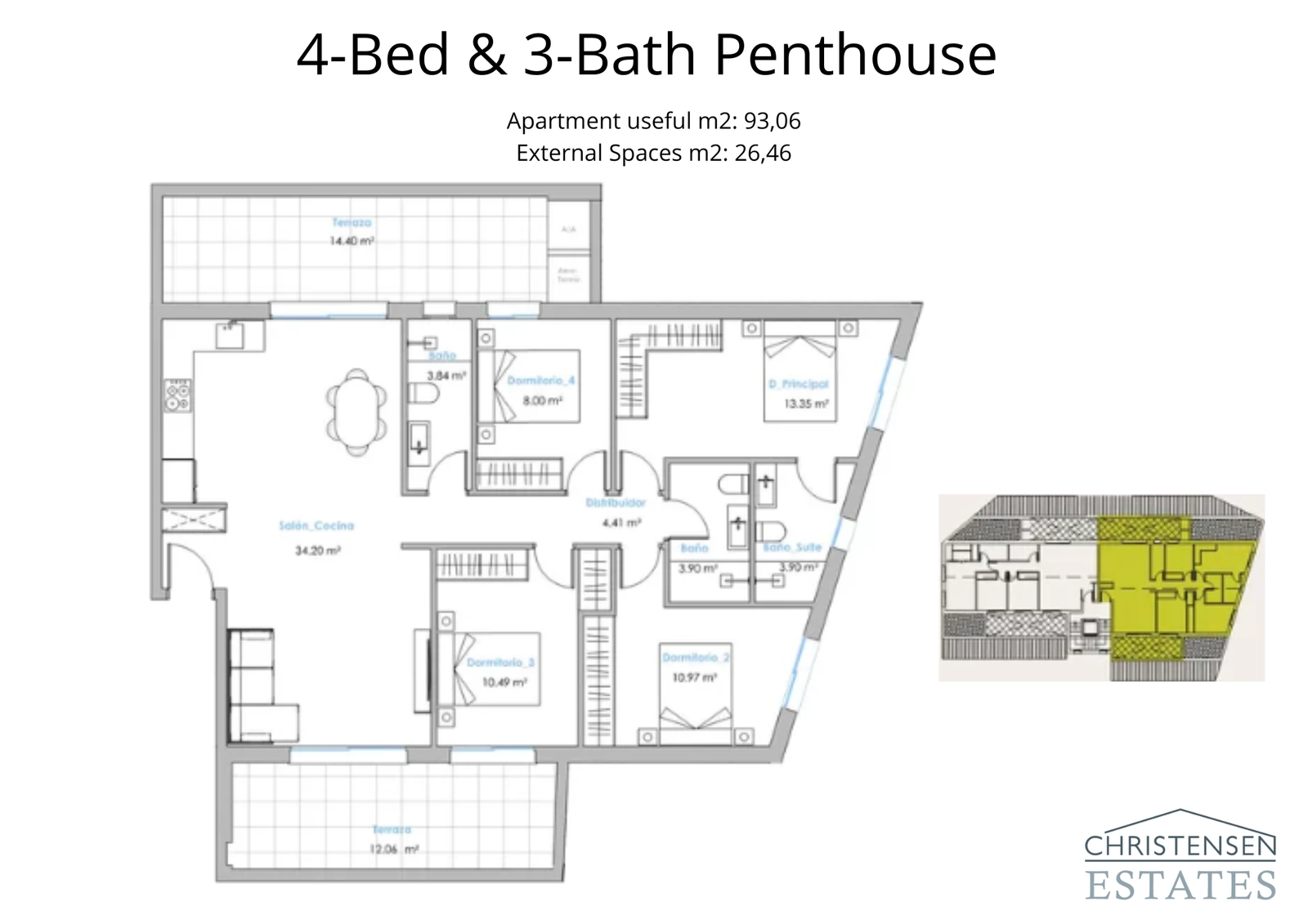 En expansiv takvåningsplanlösning med fyra sovrum, designad för lyxigt boende med ett stort vardagsrum och två separata terrasser för att njuta av utsikten.