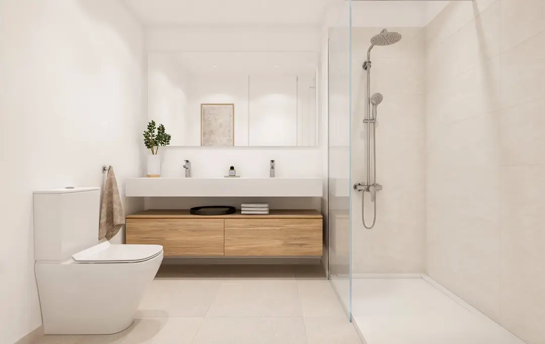 Eleganta badrum med högkvalitativa material och modern, funktionell design.