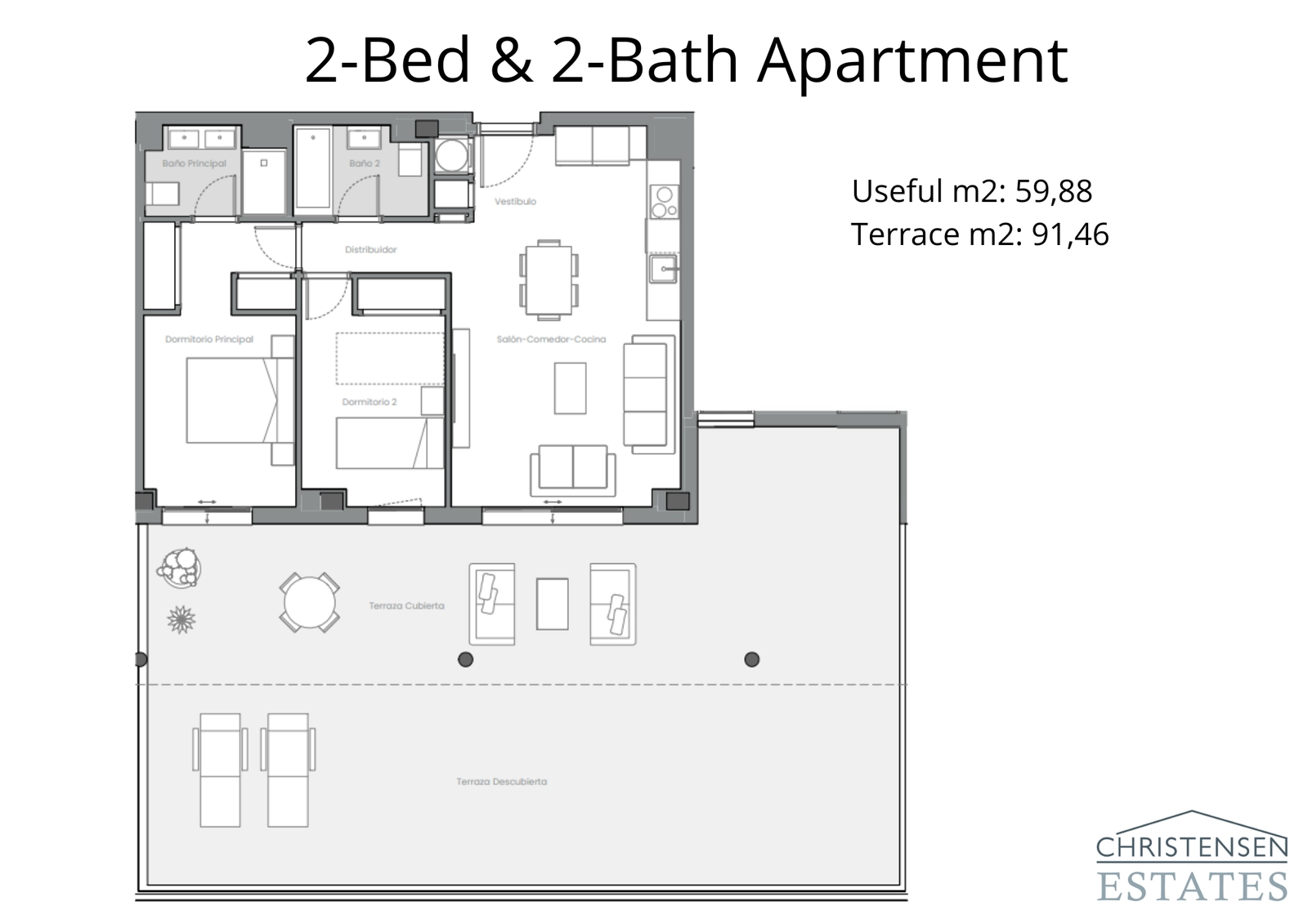 Planlösning för en lägenhet med två sovrum, som visar en intelligent layout med en expansiv terrass som utökar bostadsytan utomhus.