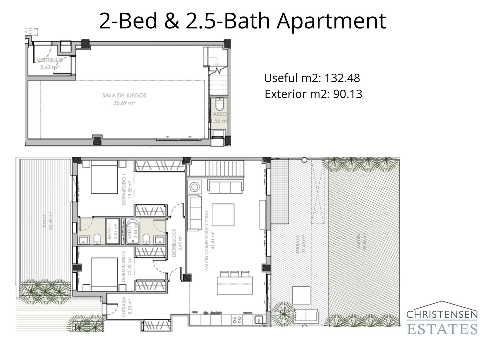 Denna planlösning för en lägenhet med två sovrum visar en smart layout med ett rymligt vardagsrum som vetter mot en stor terrass och privat trädgård.