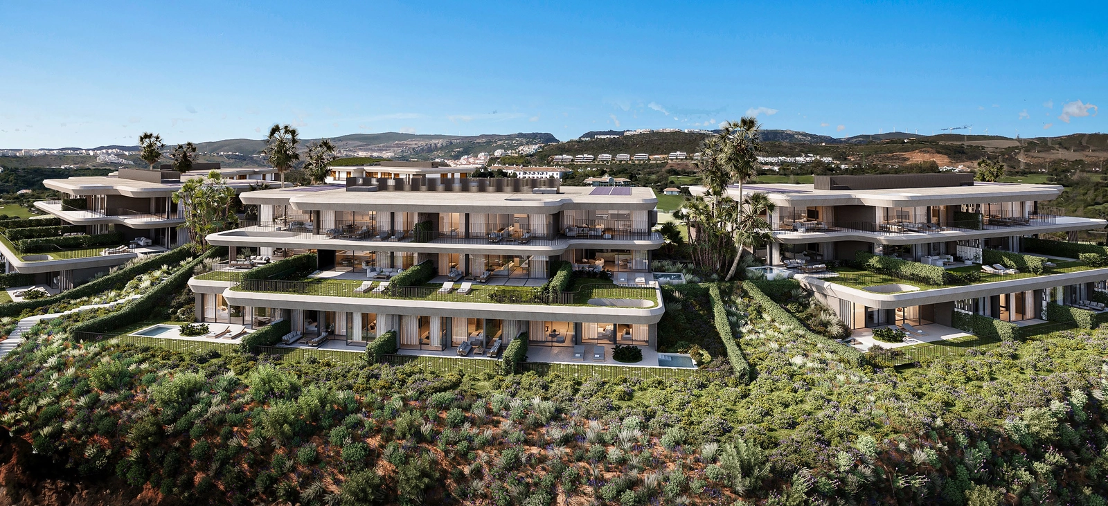 Generösa terrasser och privata trädgårdar erbjuder exklusiva utomhusutrymmen.