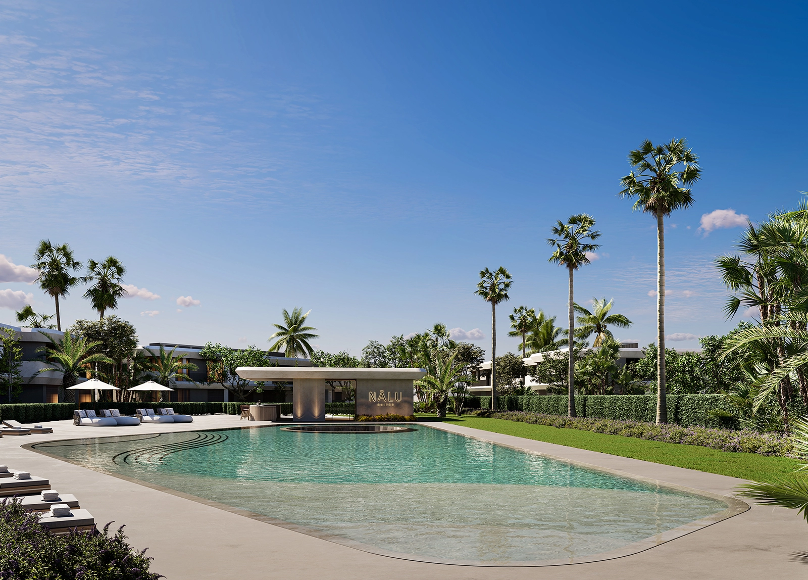 Koppla av vid den vackra infinitypoolen utomhus, omgiven av lummiga trädgårdar.