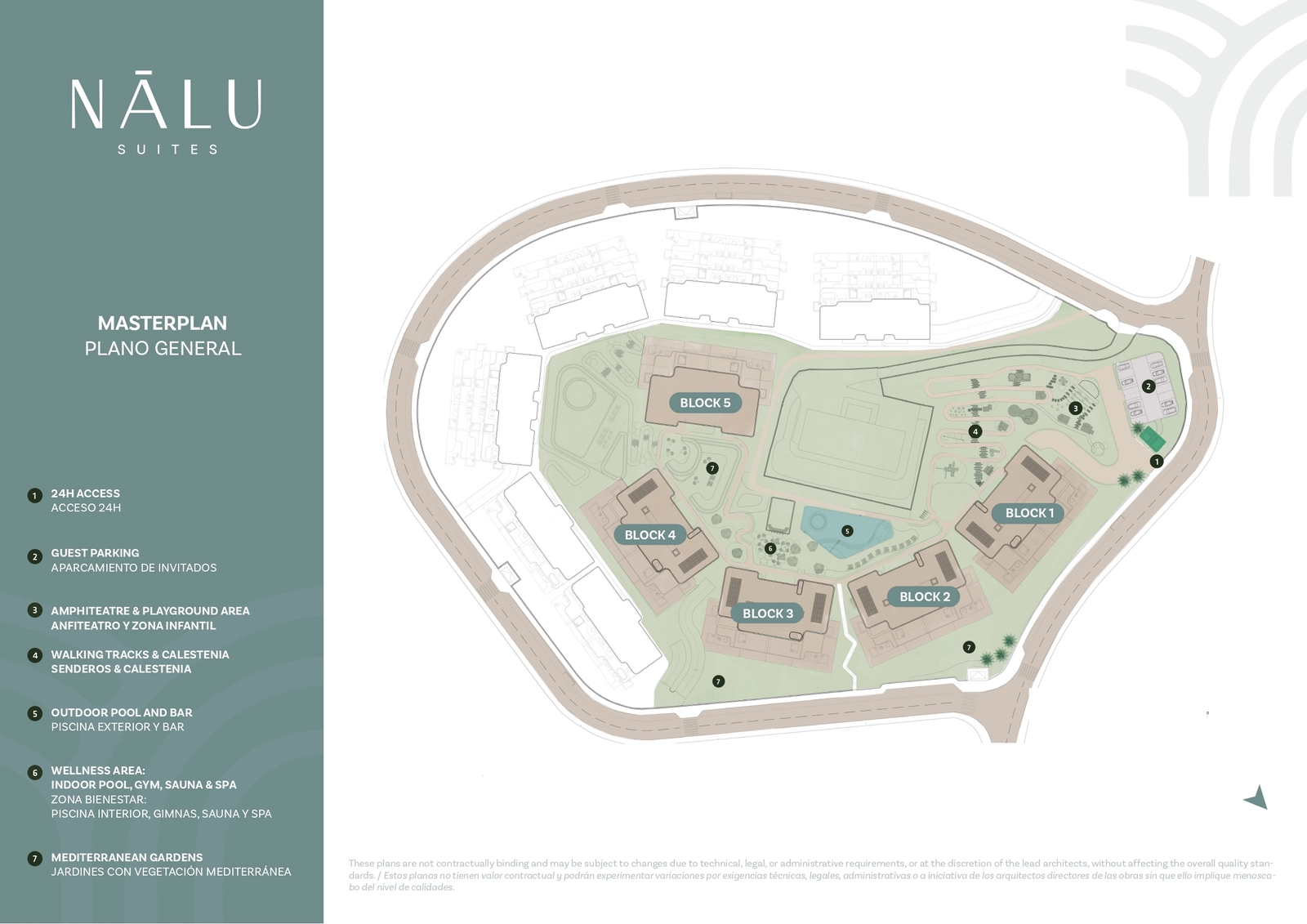 Communityns masterplan, som visar layouten för byggnader, trädgårdar, pooler och wellnessområden.