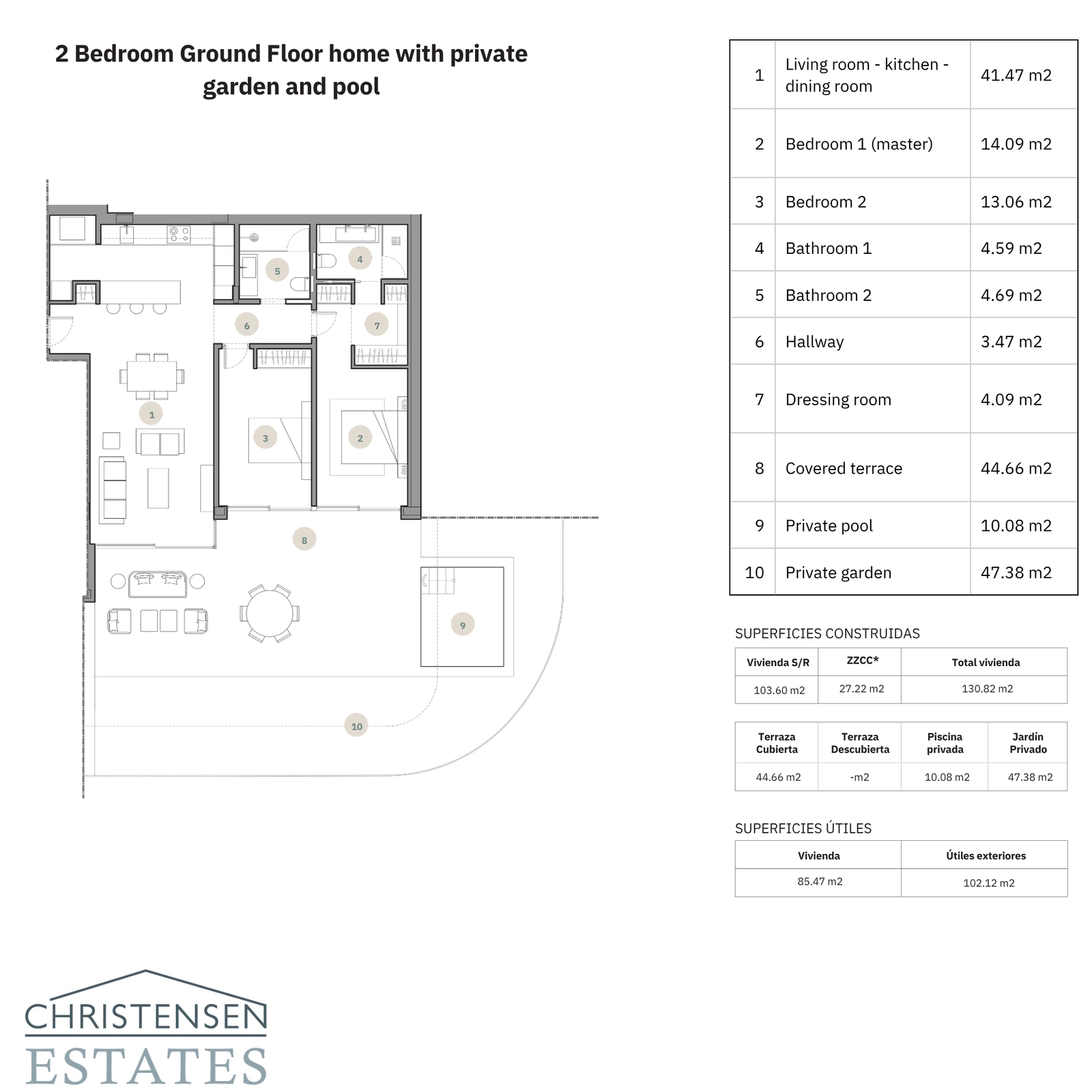 En rymlig tvårumslägenhet på bottenvåningen, med en generös privat trädgård och pool.