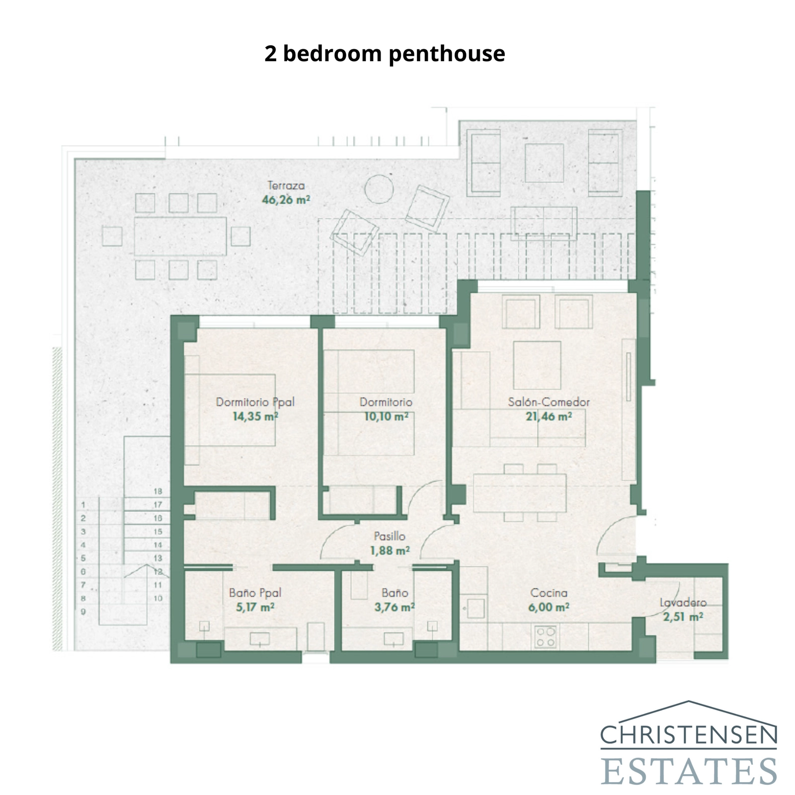 En genomtänkt takvåningsdesign med två sovrum, som erbjuder komfort och stil med en rymlig privat terrass.