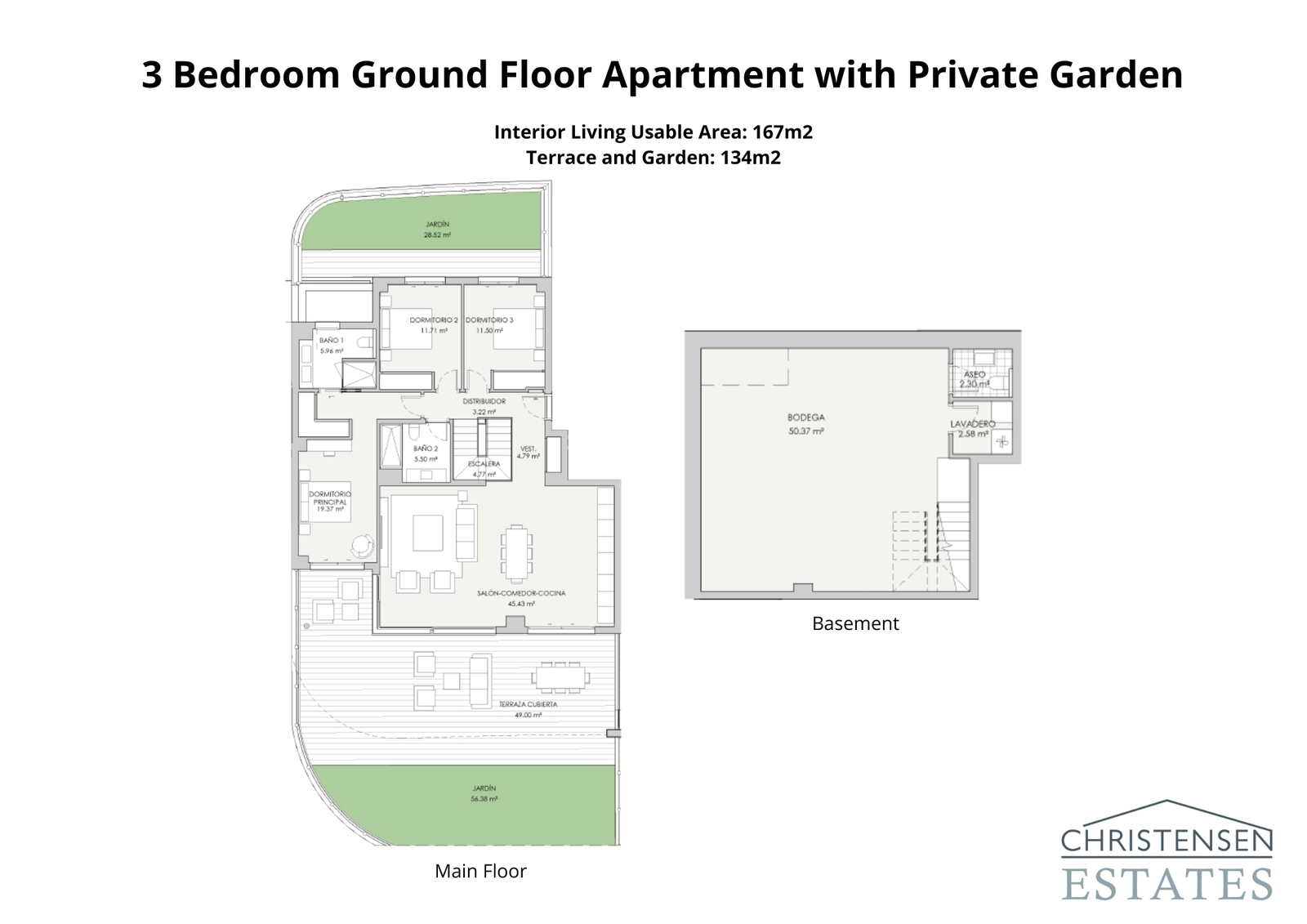 Planritning för en bostad med tre sovrum på bottenvåningen, med generösa interiöra ytor, en stor terrass, privat trädgård och en mångsidig källarvåning.