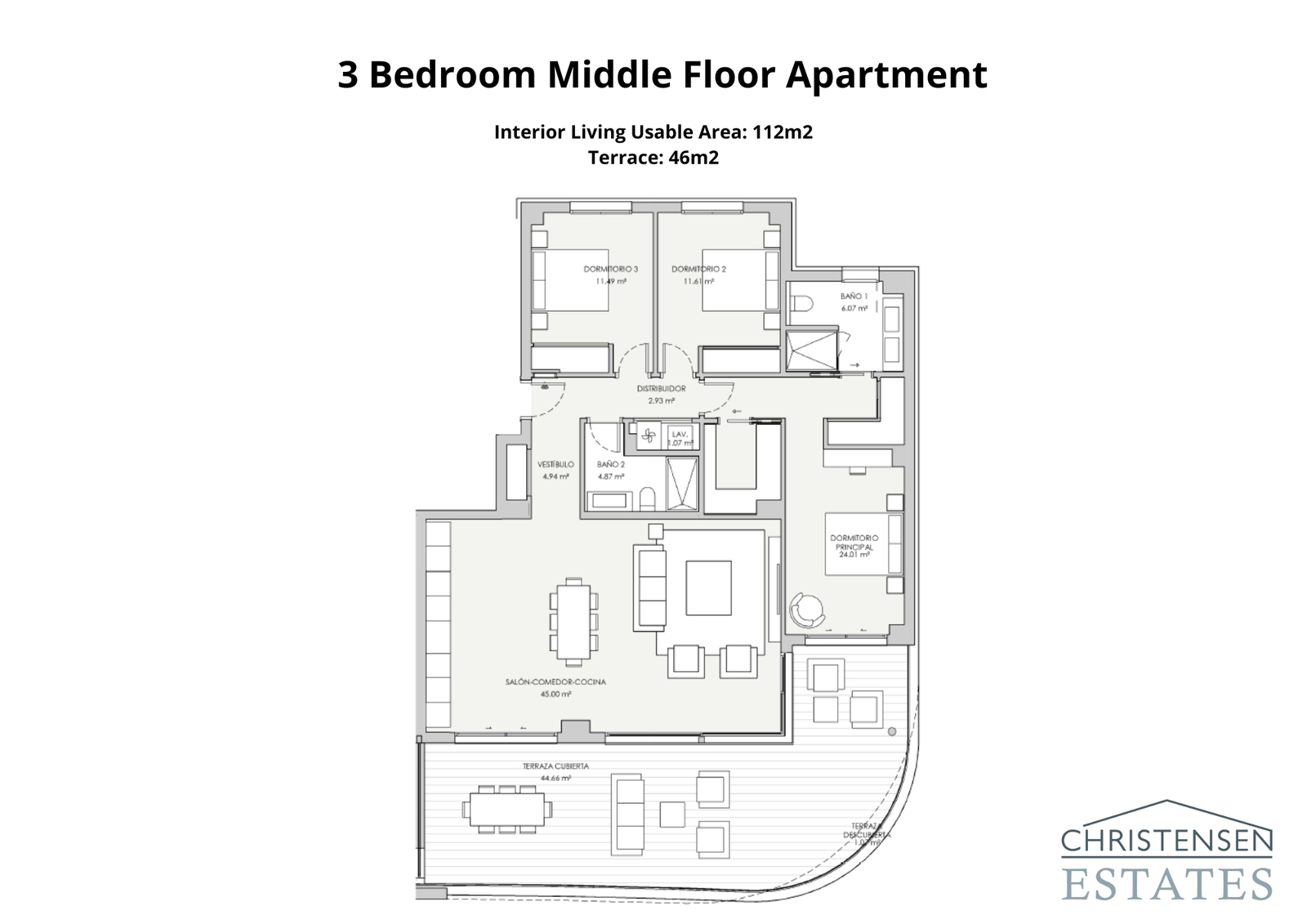 Layouten för en lägenhet med tre sovrum, designad med en öppen planlösning som flyter ut till en rymlig täckt terrass för optimalt inomhus- och utomhusliv.