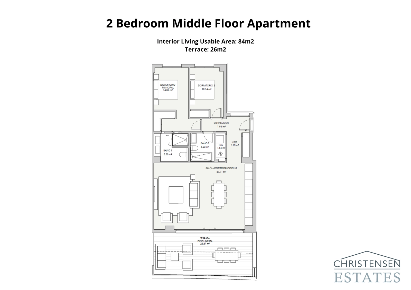 Denna lägenhetslayout med två sovrum är designad för komfort och funktionalitet, med en ljus sällskapsyta och en privat terrass för att njuta av det behagliga klimatet.