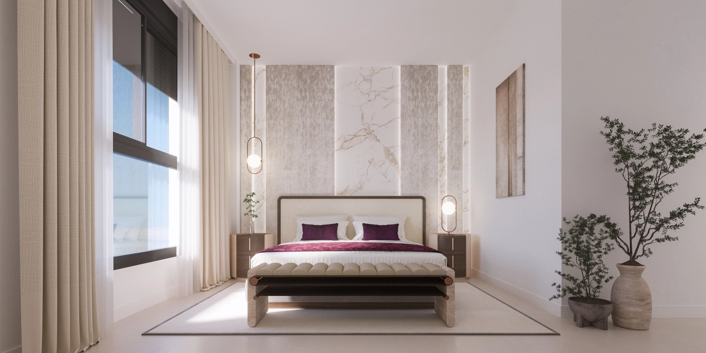 Master sovrummet erbjuder en lugn tillflyktsort med elegant design och stora fönster.