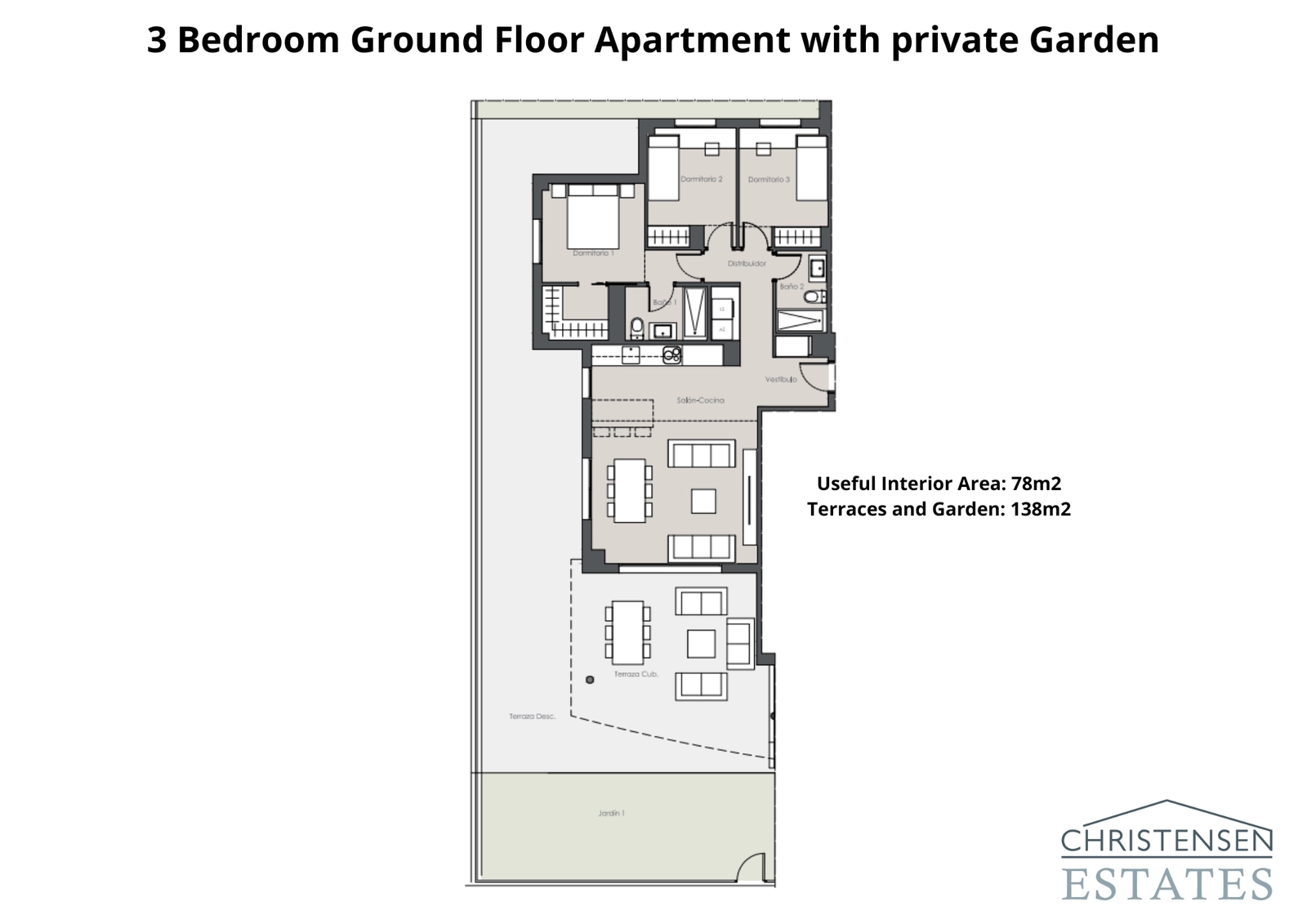 Denna planlösning med tre sovrum på bottenvåningen har en stor privat trädgård och terrass, perfekt för en inomhus-utomhuslivsstil.