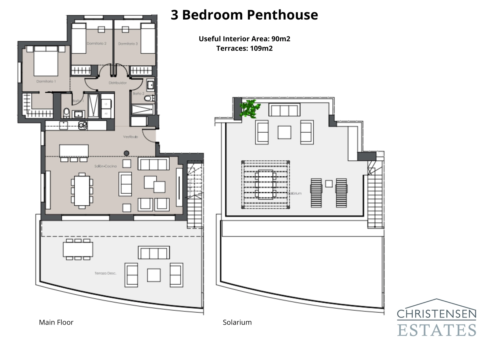 Taklägenheten med tre sovrum erbjuder generösa boendeytor, en stor terrass och ett imponerande taksolarium med otrolig utsikt.