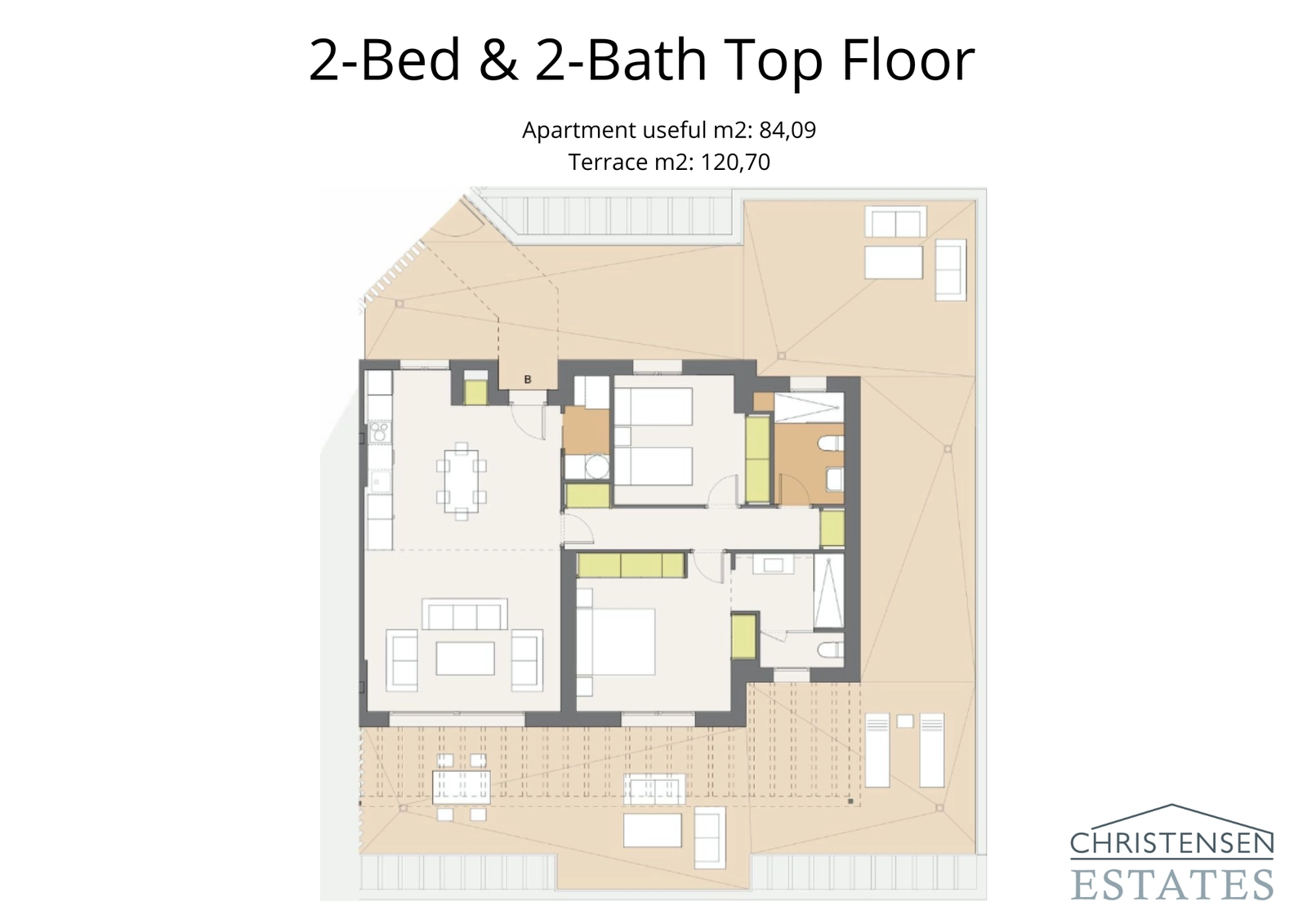 Bostad på översta våningen med två sovrum och en stor terrass, som erbjuder avskildhet och magnifik utsikt.
