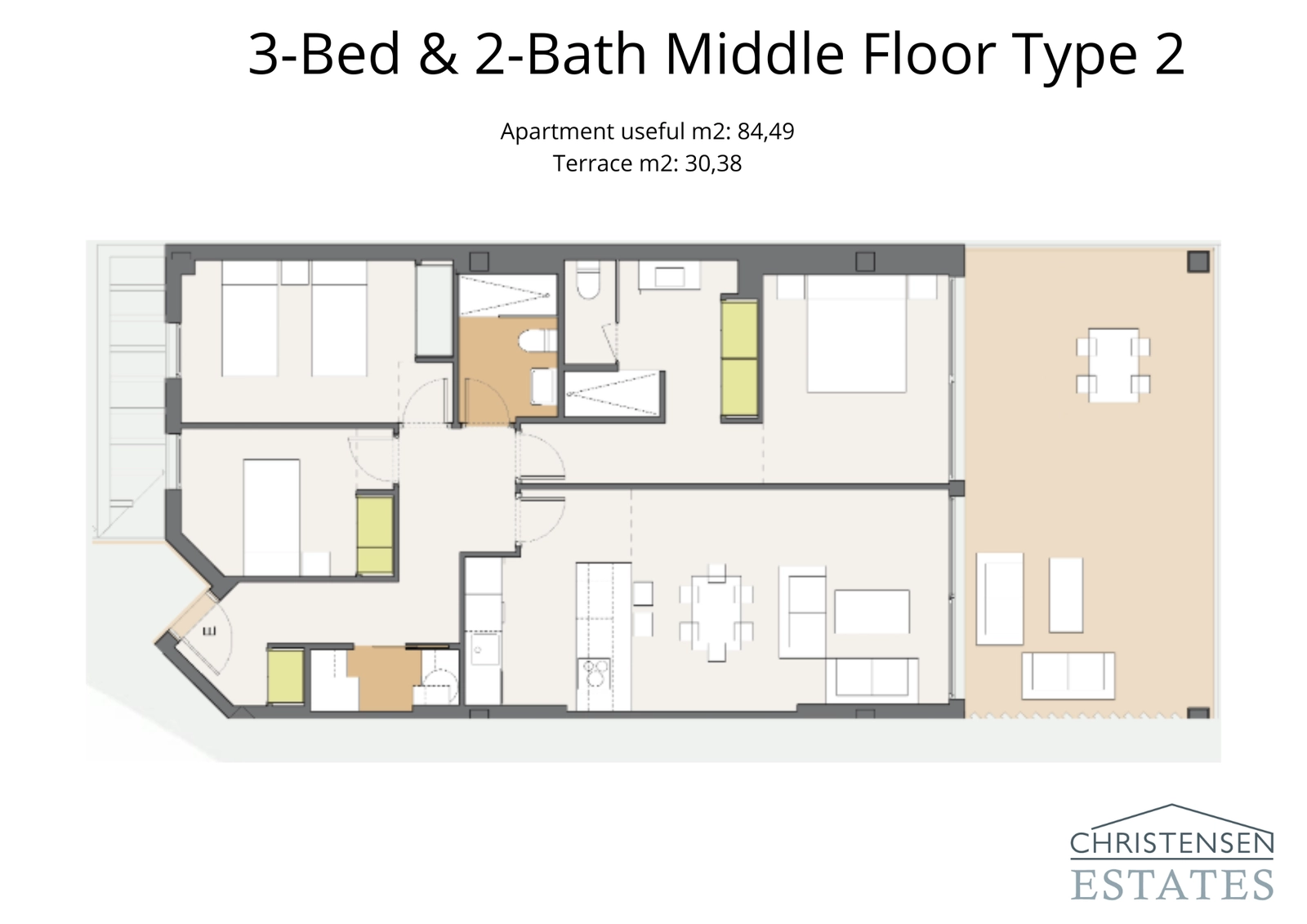 Alternativ planlösning med tre sovrum som erbjuder en smart fördelning av utrymme och en stor privat terrass.