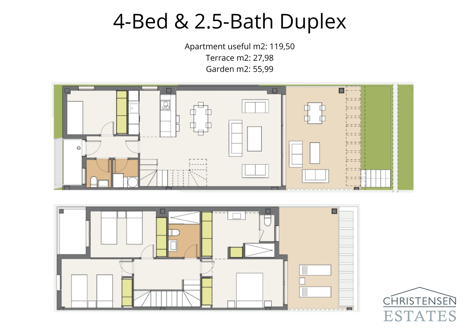 Duplexplan med fyra sovrum, som erbjuder två plan med sofistikerat boendeutrymme med en privat trädgård.