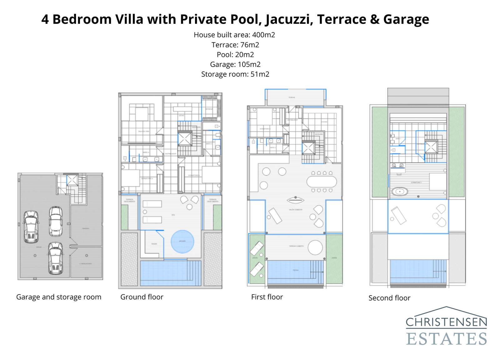 Planlösning för den magnifika villan på 400 m² med fyra sovrum, som visar den rymliga designen i flera nivåer, garage, privat pool och expansiva terrasser.