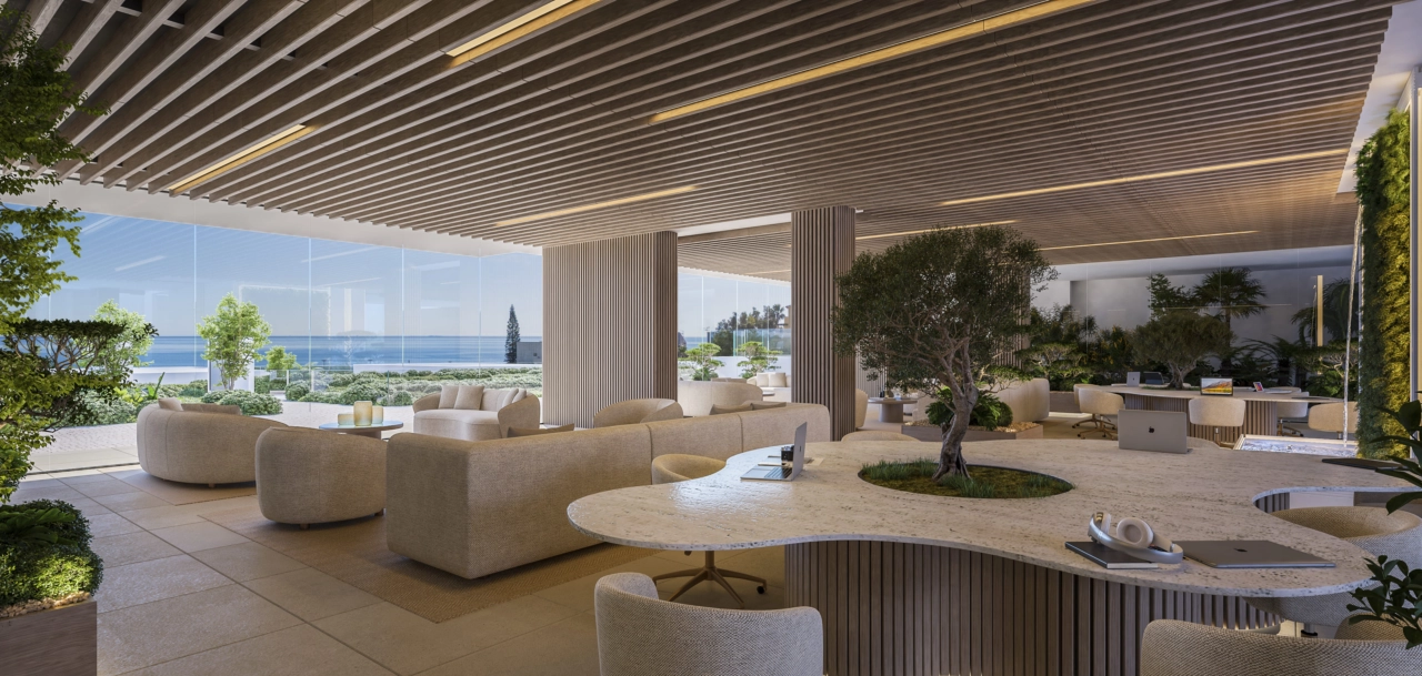 En sofistikerad lounge och co-working-yta för boende, elegant designad för arbete eller avkoppling.