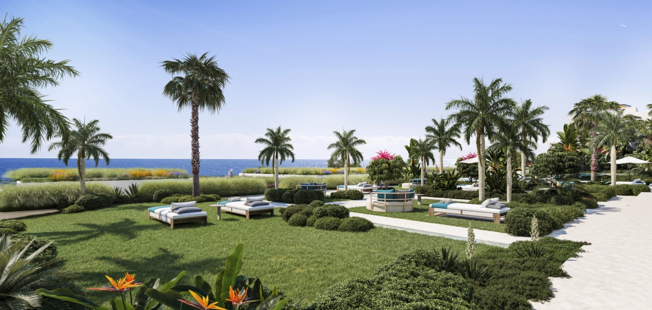 Frodigt gemensamma trädgårdar erbjuder en fridfull oas för boende, med direkt tillgång till stranden.