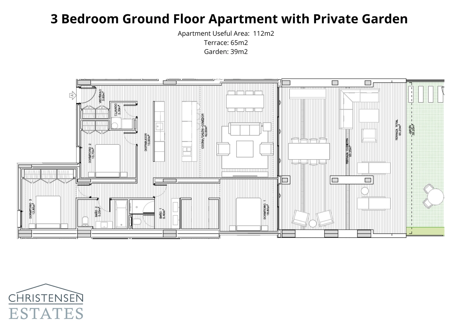 Planlösning för en bottenvåningsbostad med tre sovrum, som visar kopplingen mellan rymliga interiörer och en generös privat trädgård.