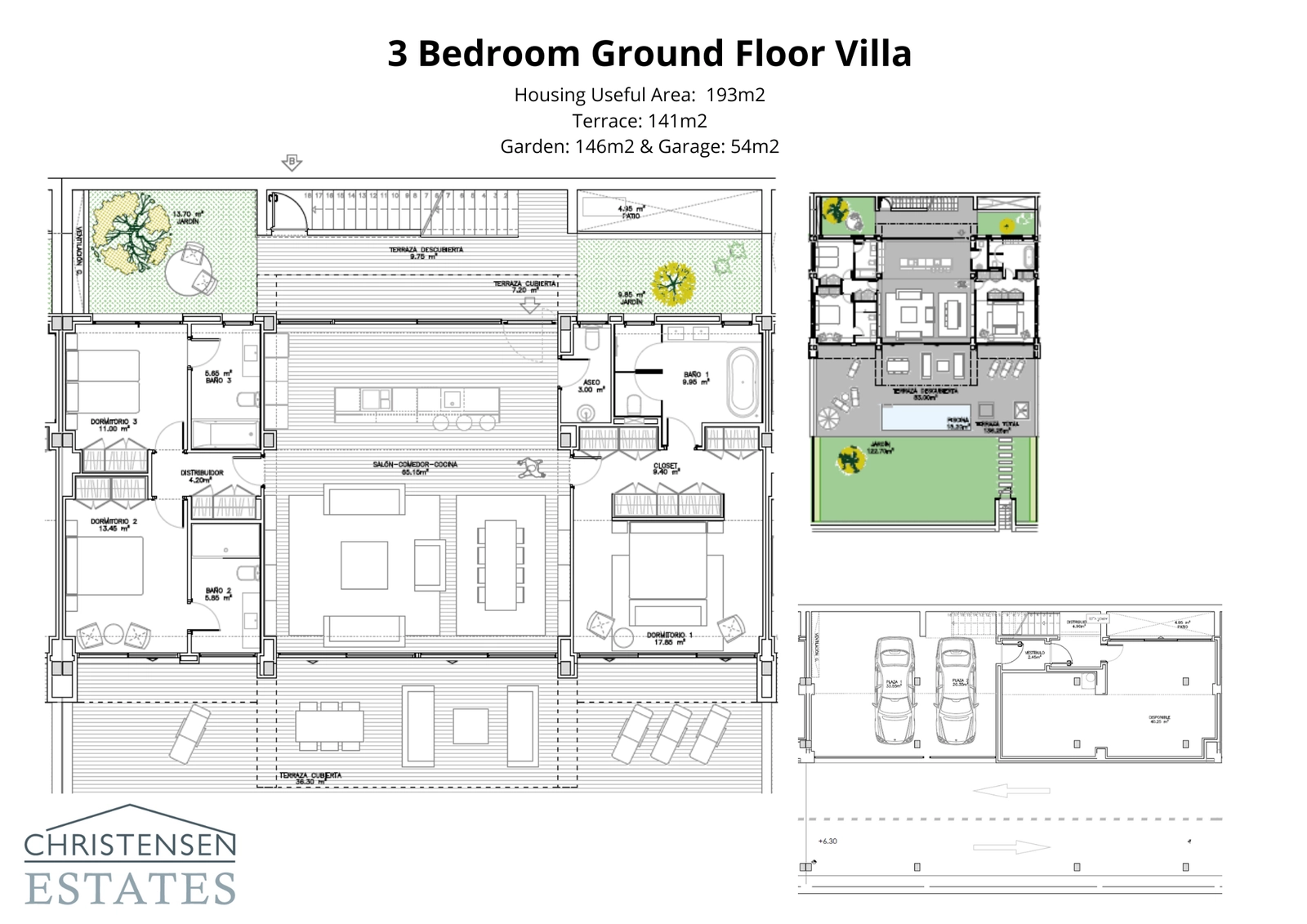Planlösningen för en exklusiv villa med tre sovrum, som detaljerar de expansiva vardagsrummen, privat pool, trädgård och underjordiskt garage.