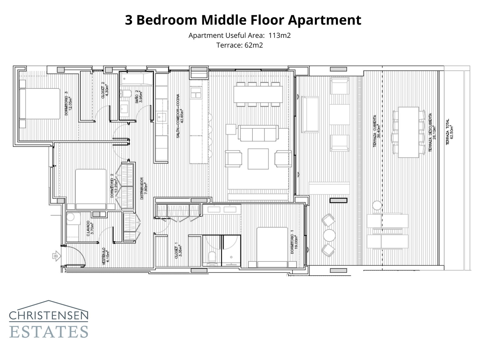 Denna planlösning för en lägenhet med tre sovrum framhäver en intelligent layout som maximerar utrymme, ljus och den fantastiska havsutsikten från terrassen.