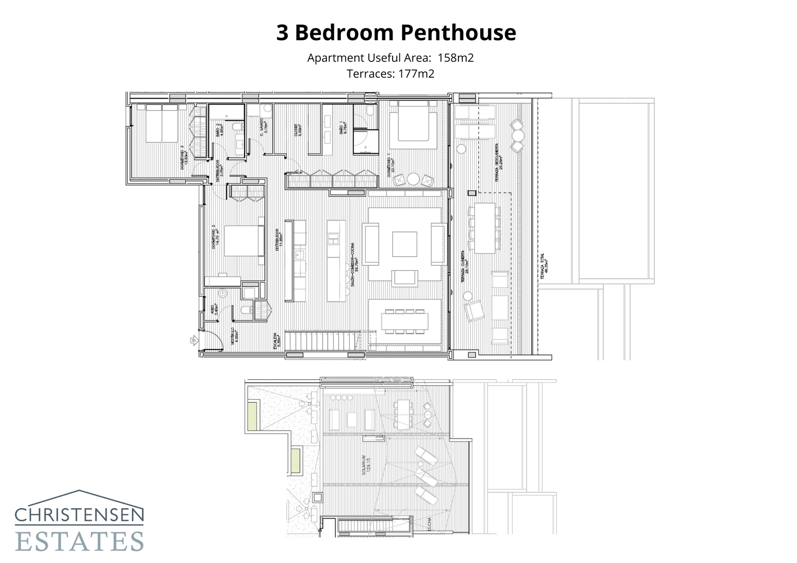 Upptäck den exceptionella designen av en takvåning med tre sovrum, komplett med ett stort taksolarium för en oöverträffad livsstil.